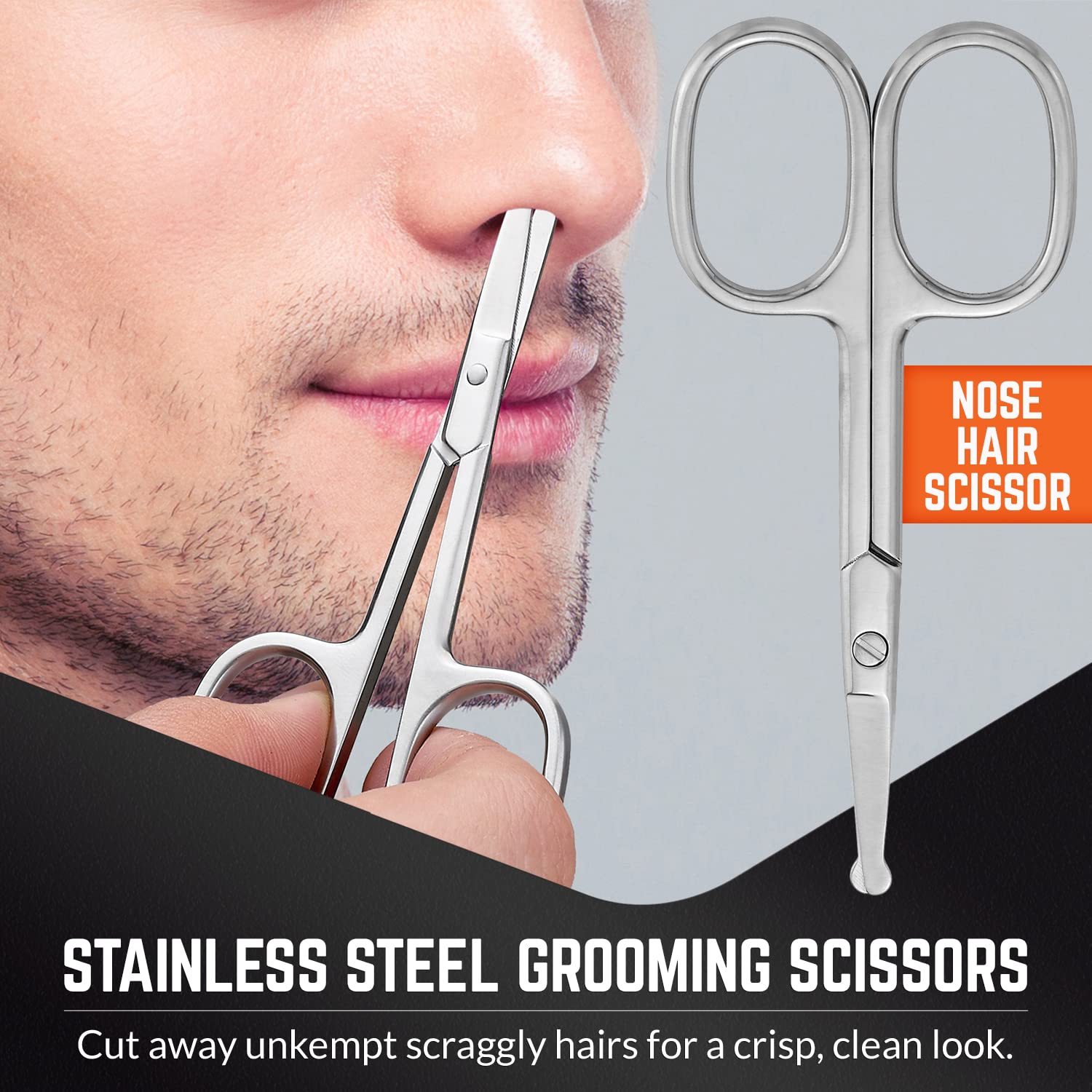 Tijeras de aseo de acero inoxidable: tijeras de cejas, barba y bigote, kit recortador de vello facial de punta pequeña, curva y redondeada, cortadora de cabello de nariz para hombre y estuche de viaje