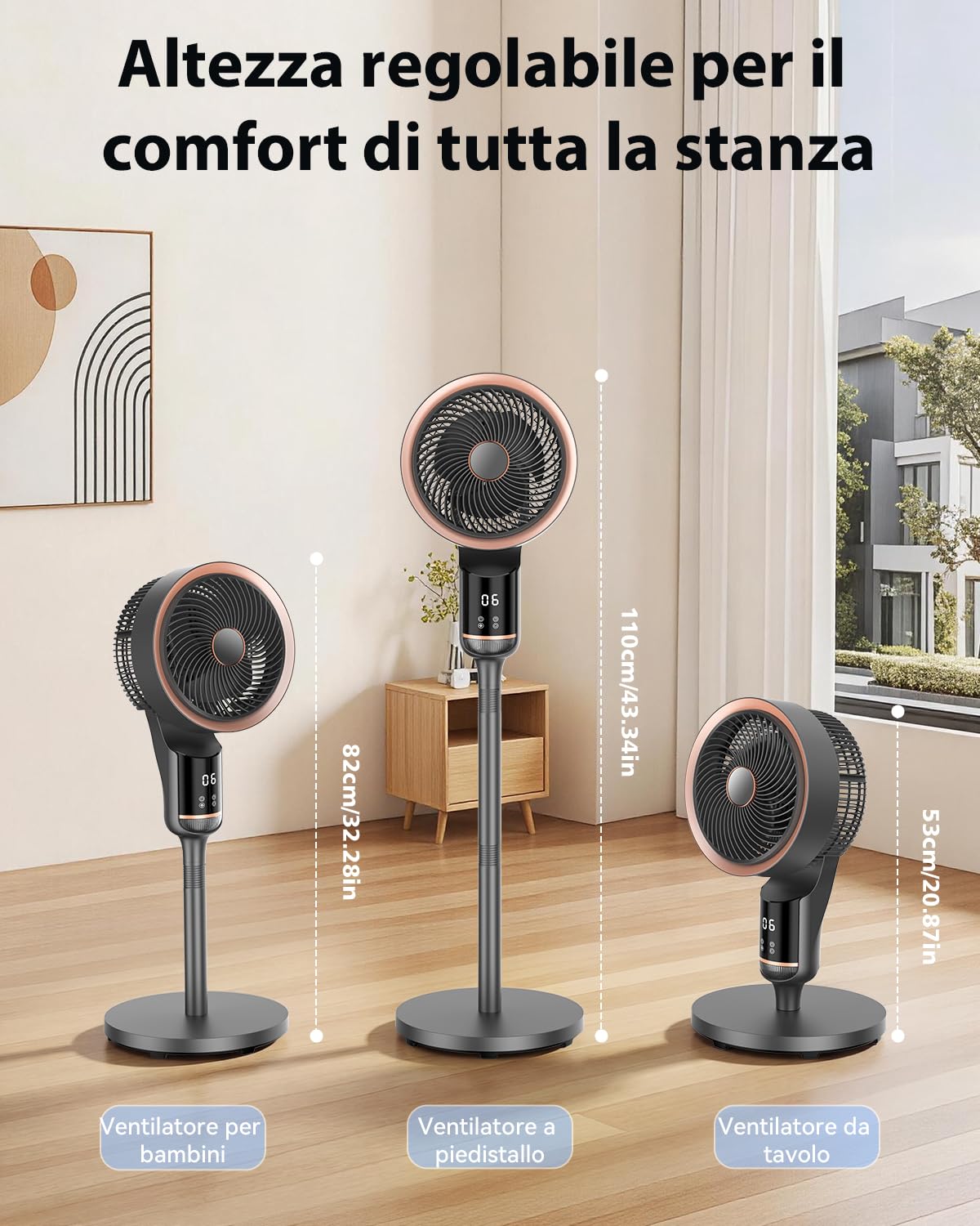 Ventilatore a Piantana, 2 in 1 Ventilatori da Tavolo, 30dB Smart Ventilatore Silenzioso, Telecomando,90°, 12 Velocità, 3 Modalità, Altezza 75-105cm, Timer 12H