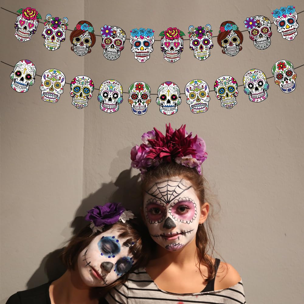 2 Pack Day of The Dead Decorations Banner,Dia De Los Muertos Skull Pennant Banner Men and Women Sugar Skull Garland Bunting Banner for Halloween Mexican Fiesta Party Day of The Dead Decorations - Image 4