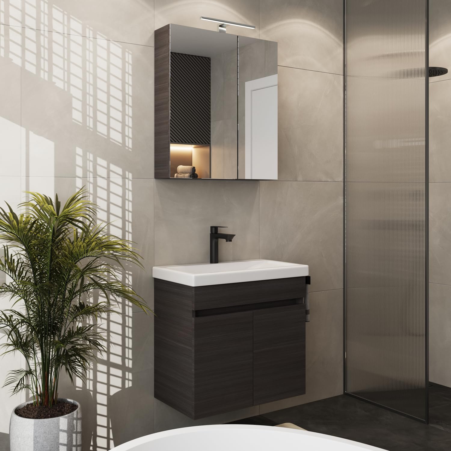 Planetmöbel Meuble sous Vasque avec lavabo en céramique 63x60x36,5 cm, Ensemble de Meubles de Salle de Bain Moderne, Anthracite