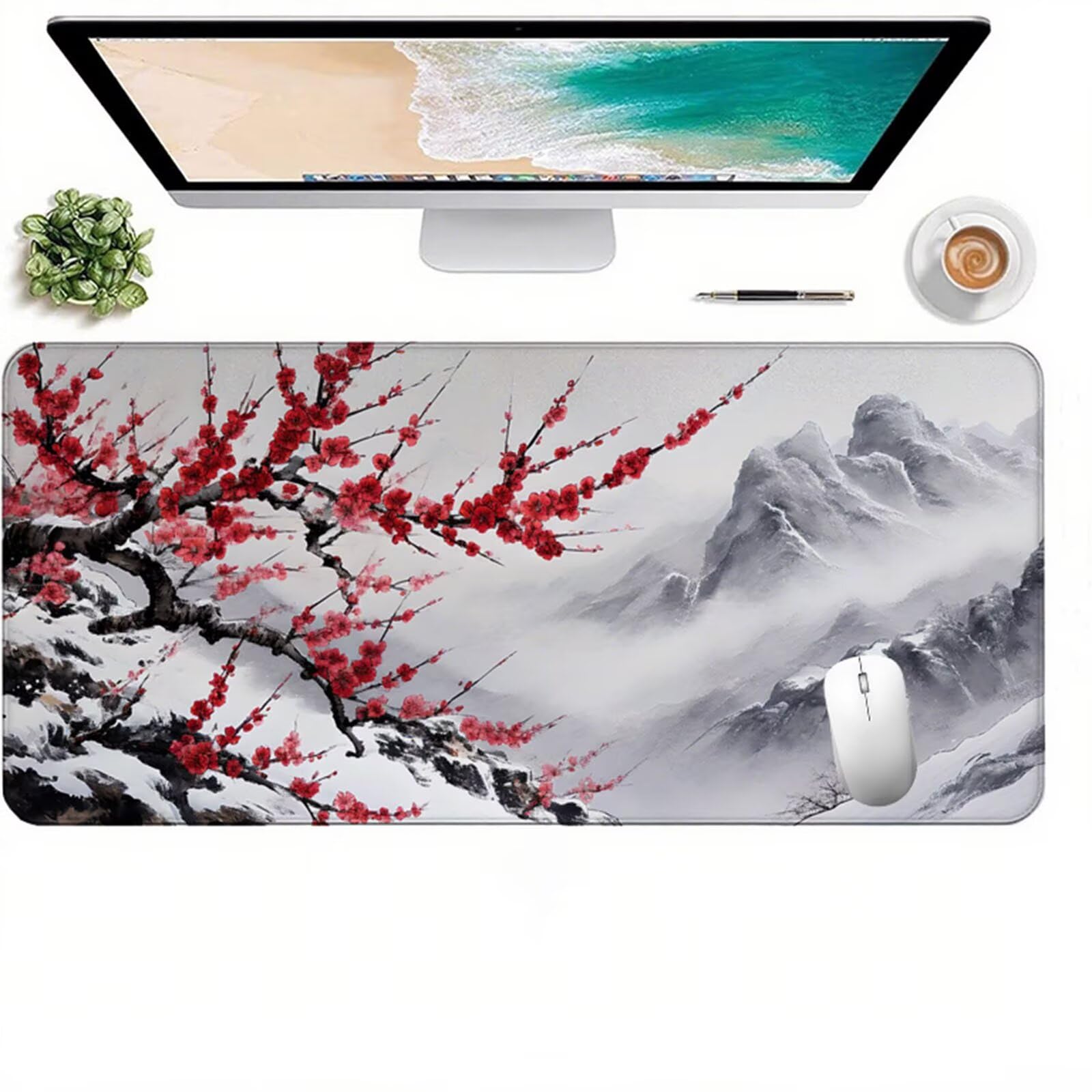 Biała podkładka pod mysz dla graczy XXL 1400 x 600 x 3 mm, podkładka pod biurko jabłko śliwka z antypoślizgową i wodoodporną podkładką pod mysz Pad, gładka powierzchnia poprawia precyzję i szybkość D1