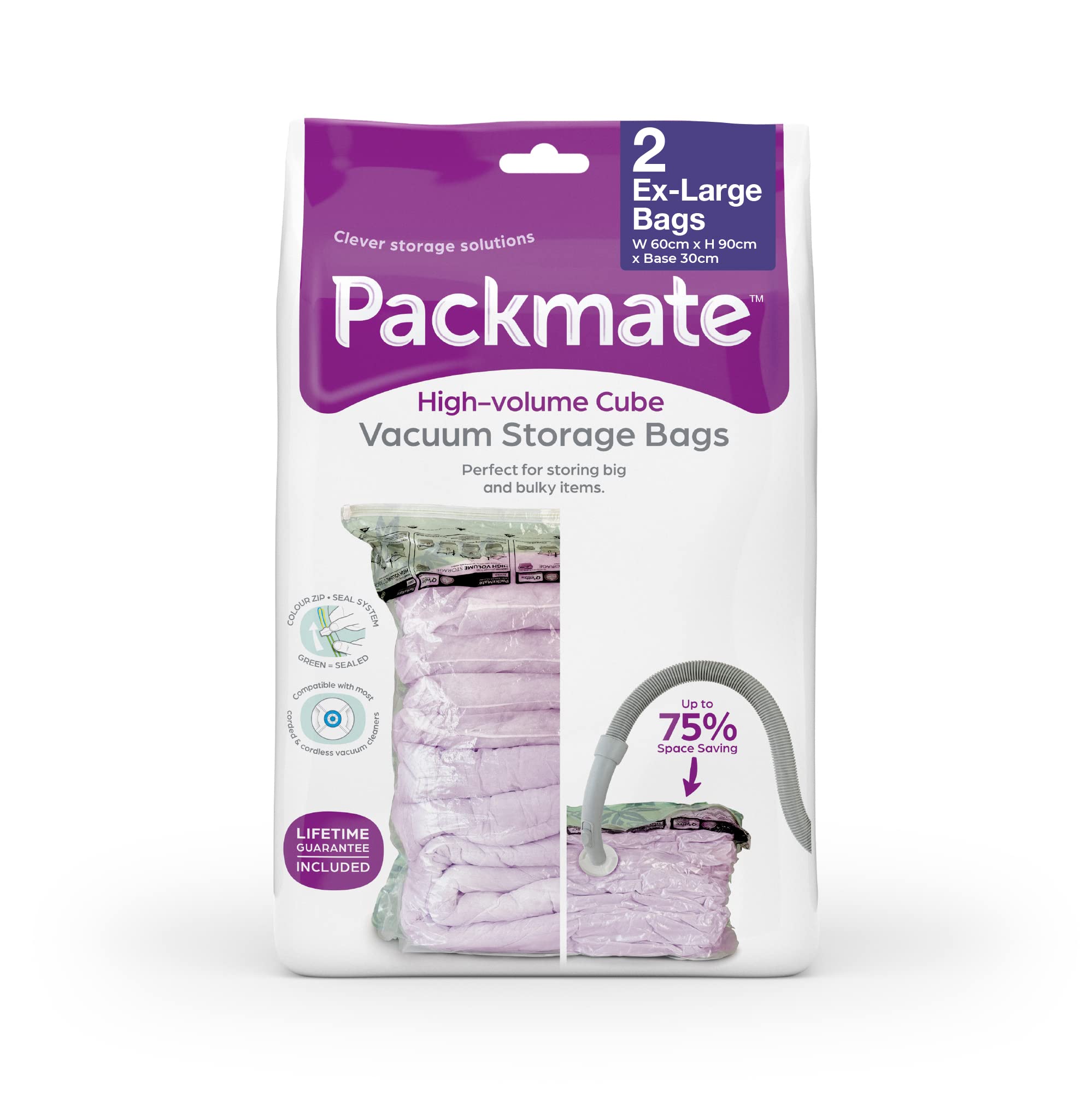 Packmate Clear - 2 Extra Large 90 X 60 X 30Cm Cube Vacuum Storage Bags - Ideal For Storing Duvets, Pillows, Blankets, Clothing, Towels And Much More