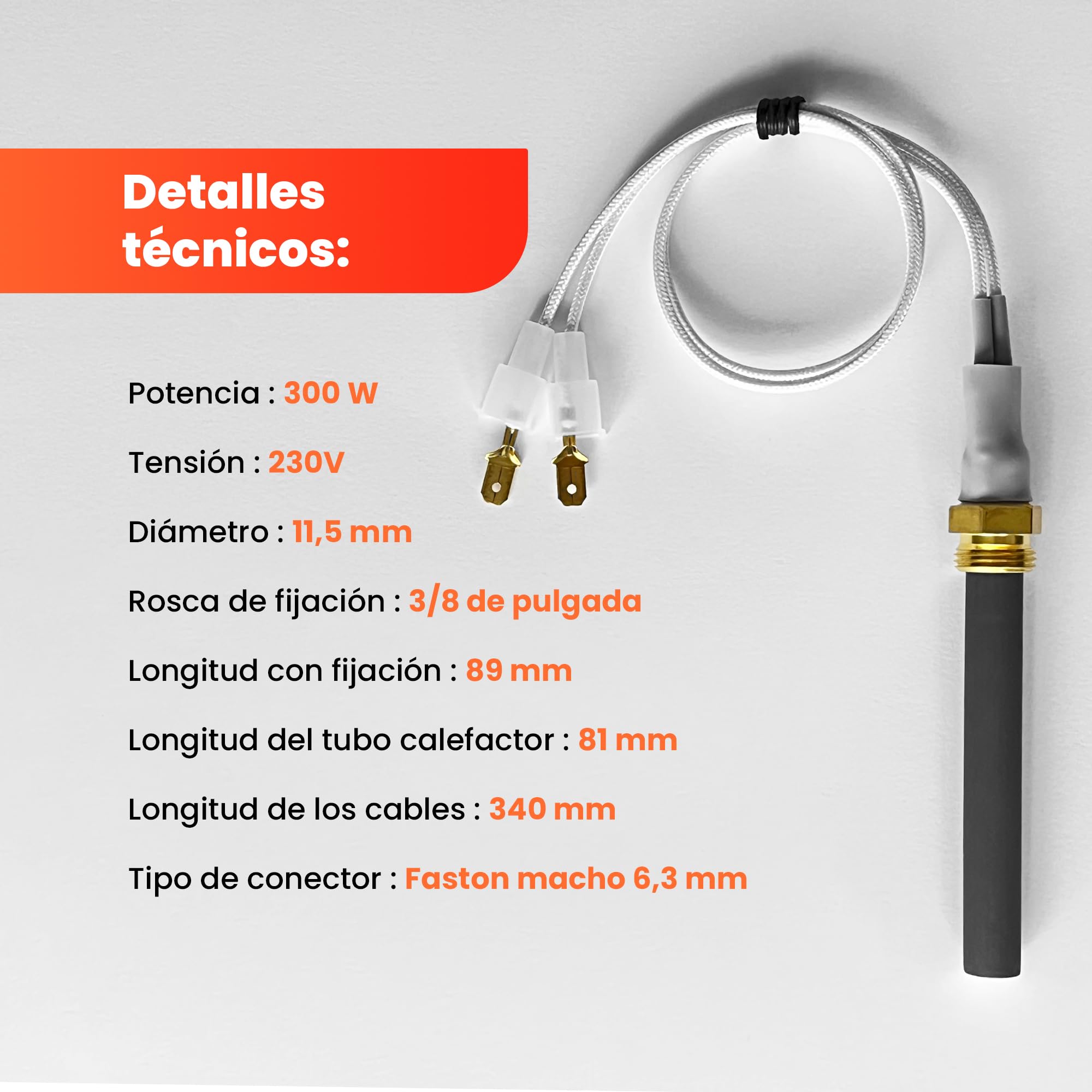 Bujía cerámica para estufa de pellets JOLLY MEC/HAAS+SOHN/BESTOVE/DEVILLE – PSx 7-240-B – 300W, Ø11,5mm, 89mm, rosca 3/8, Modelo perforado – Pieza OEM origen JAPÓN – GARANTÍA 2 años