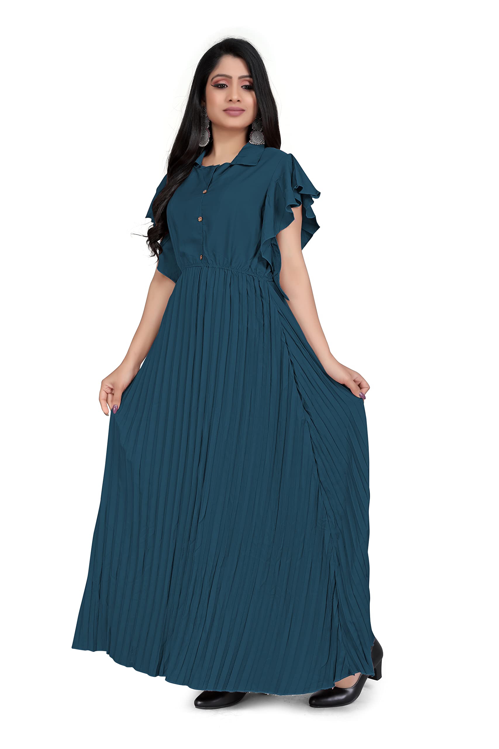 Brei's Women's Crepe Solid, Pealted Long Dress