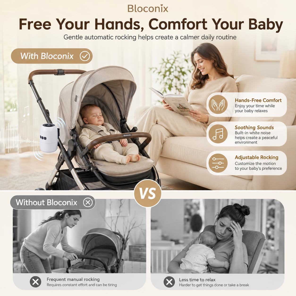 Baby Rocker Rechargeable, Bercement Poussette avec 5 Niveaux d’Oscillation et Bruit Blanc - Réglable, Ultra-Silencieux, USB-C, 2 Supports Universels pour Toutes les Poussettes (Blanc)