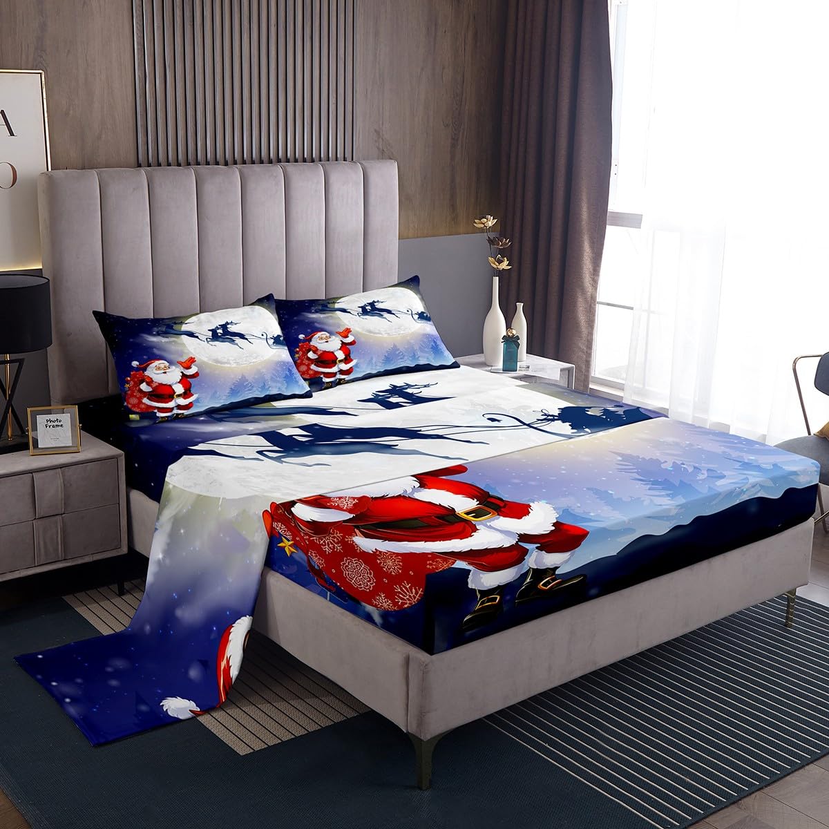 Erosebridal Santa Claus Fitted Sheet King Size, Kid Merry Christmas Sheet Set, Deer Elk with Sled Top Sheet, New Year Sheet Sets Starry Sky Flat Sheet