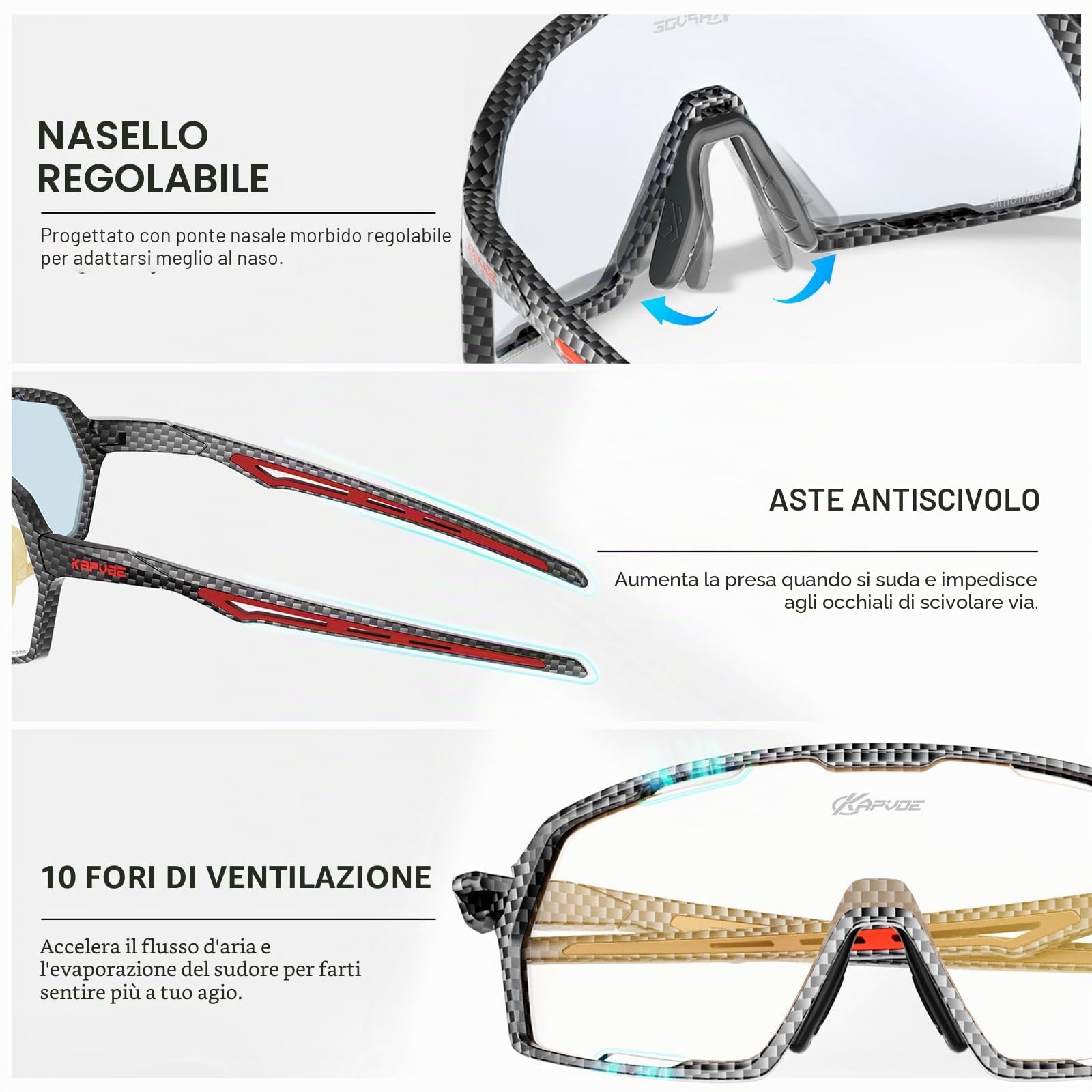 KAPVOE Occhiali da Ciclismo Fotocromatici Uomo Donna Trasparenti Occhiali da SoleSportivi Bici Mountain Bike MTB Bicicletta Baseball K160