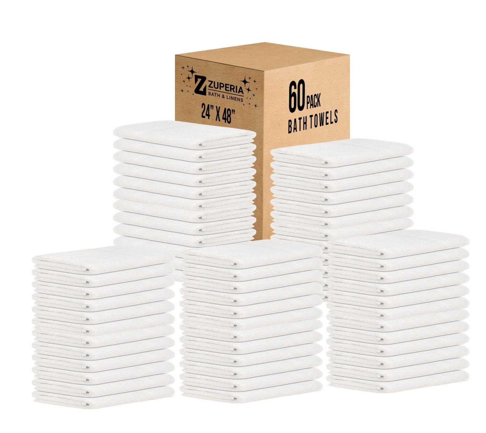 White Bath Towels Bulk 60 Pack - 24 x 48 Inches, 100% Cotton Economy Light Weight Towels for Commercial Use - Quick Dry, Ultra-Soft, and Absorbent Bulk Towels
