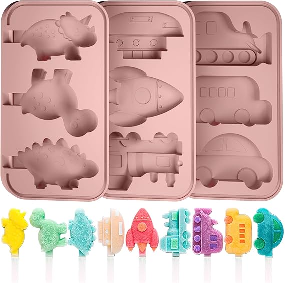 Silicone Popsicles Molds 3 Pcs, Homemade Ice Pop Molds Maker, Dinosaur Rocket Car Shape Popsicle Maker (Pink)