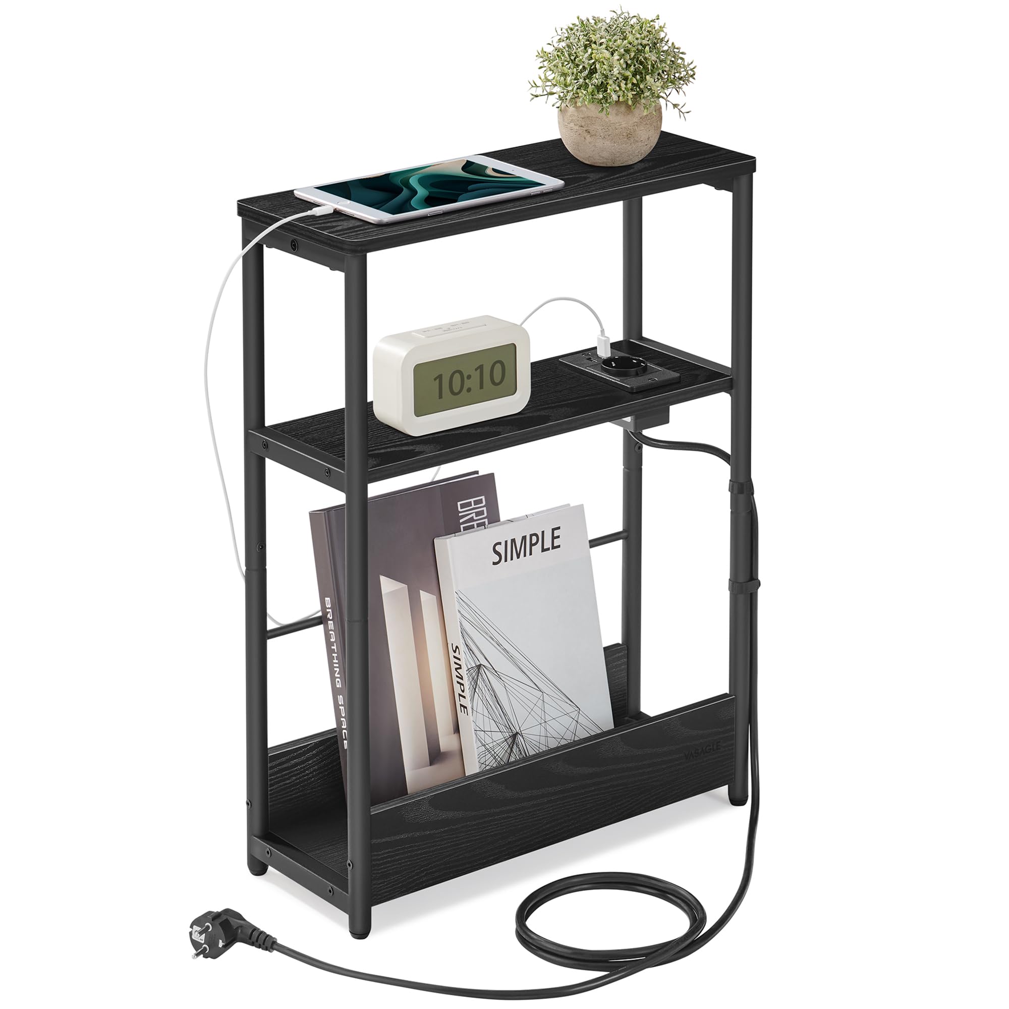 VASAGLE Beistelltisch schmal, Nachttisch mit Ladefunktion, Couchtisch klein, 3 Ablagen, Zeitschriftenhalter, für Wohnzimmer, Schlafzimmer, Arbeitszimmer, ebenholzschwarz-tintenschwarz LET335B02