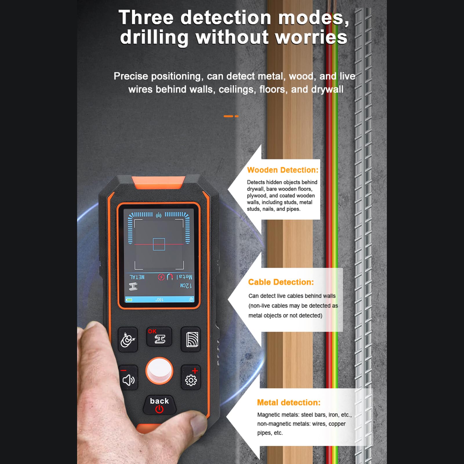 Detector de escáner de pared 3 en 1 para madera, metal y cables de CA activos con pantalla LCD a color de 2,4 pulgadas, medición de profundidad de hasta 3,15 pulgadas, batería de
