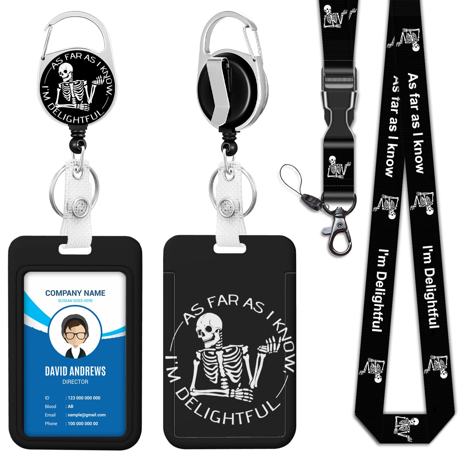 Skeleton ID Badge Holder Funny Breakaway Lanyard, Skull Cute Badge Reel Retractable Heavy Duty and Detachable Name Tag Clips, Lanyard Reel Lanyards