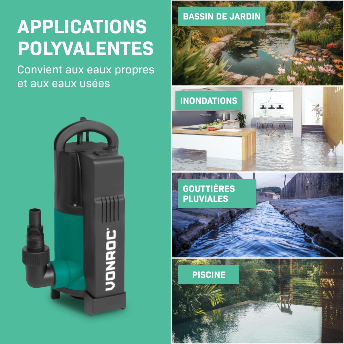 VONROC Pompe Submersible 750W – Débit 14 000 l/h – Pour Eaux Propres, Usées – Flotteur Intégré – Profondeur 7 m, Hauteur de Refoulement 7,5 m – Pompe Immergée Usage Domestique, Extérieur