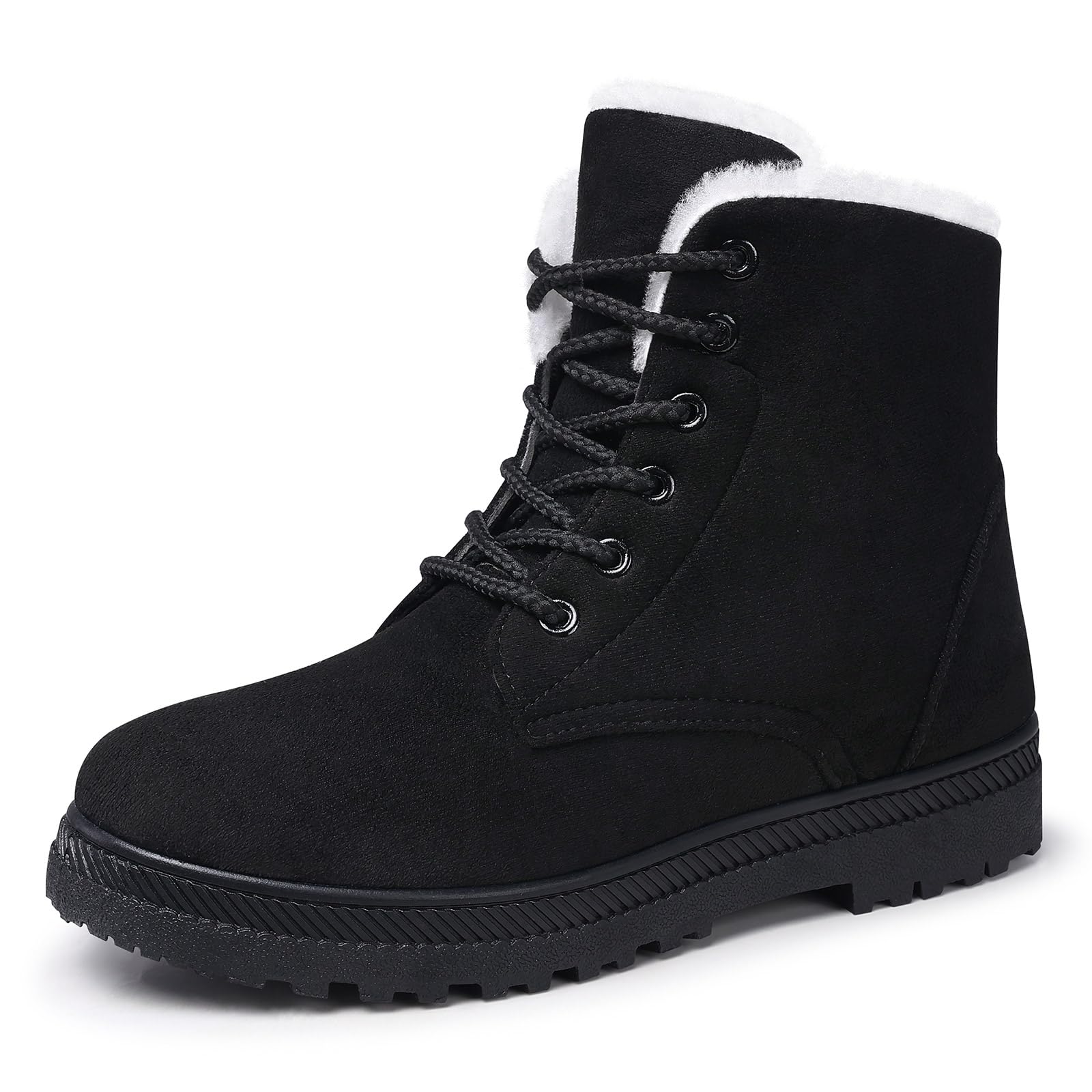 SHIBEVERWinter Snow Boots for Women: Warm Fur Lined Ankle Boots Comfortable Suede Lace Up Booties Cute Flat Shoes