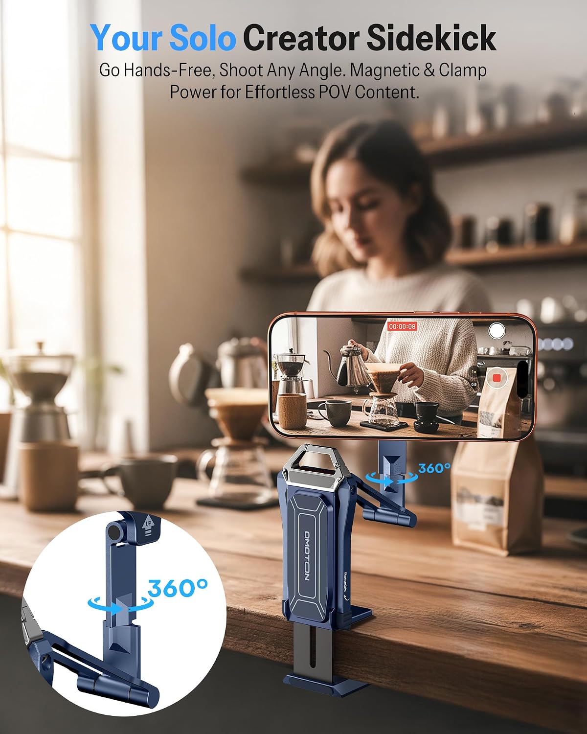 OMOTON TP02-Pro Magnetic Phone Holder, 5-in-1 Tripod Stand with Rear Attachment Plate | Desk, Kitchen, Gym, Vlogging | iPhone 12-17 Series, Blue