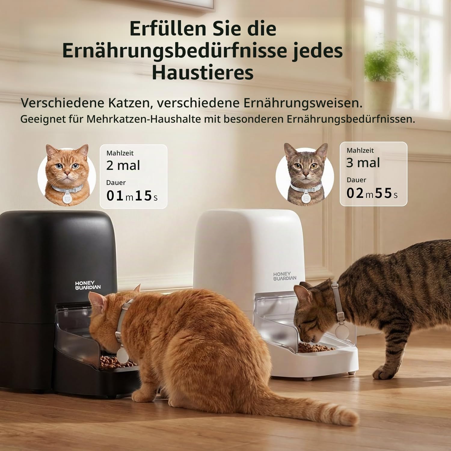 Futterautomat Katze RFID, 5G WiFi Futterspender Katze mit Collar-Tag-Sensor, 4.6L Katzenfutter Automat, Personalisierte Mahlzeiten per Halsband-Tag & Katzenerkennung, 1–10 Mahlzeiten, Keramikschale