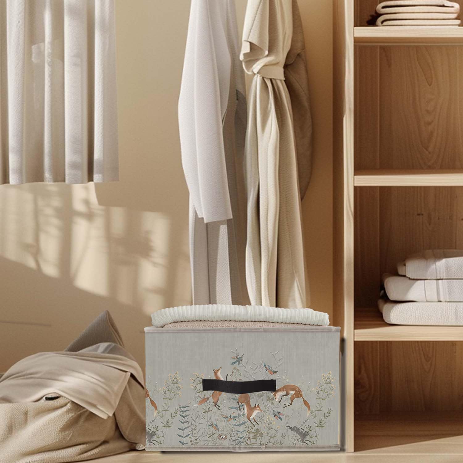 Forest Animal Fox Rabbit Storage Bins Basket, Fox Lover Gifts, Cottagecore Botanical Floral Bird Collapsible Fabric Storage Box Organizer Toybox for Bedroom Bathroom Clothes Books Toys image 3