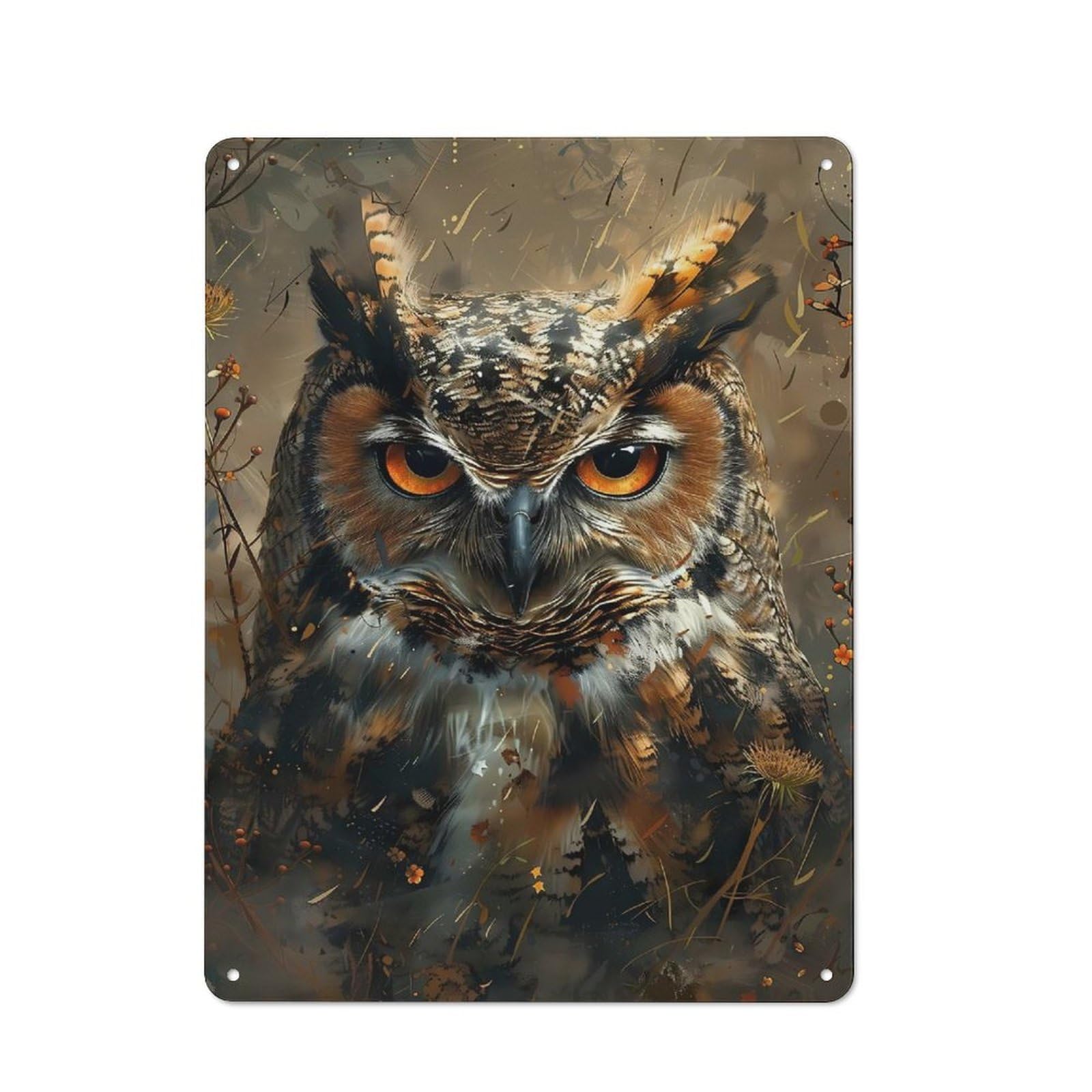 Shed Metal Sign with Intense Owl Portrait Design 40x30cm, Vintage Porch Wall Decor for Patio Bar, Workshop, Shed Or Kitchen