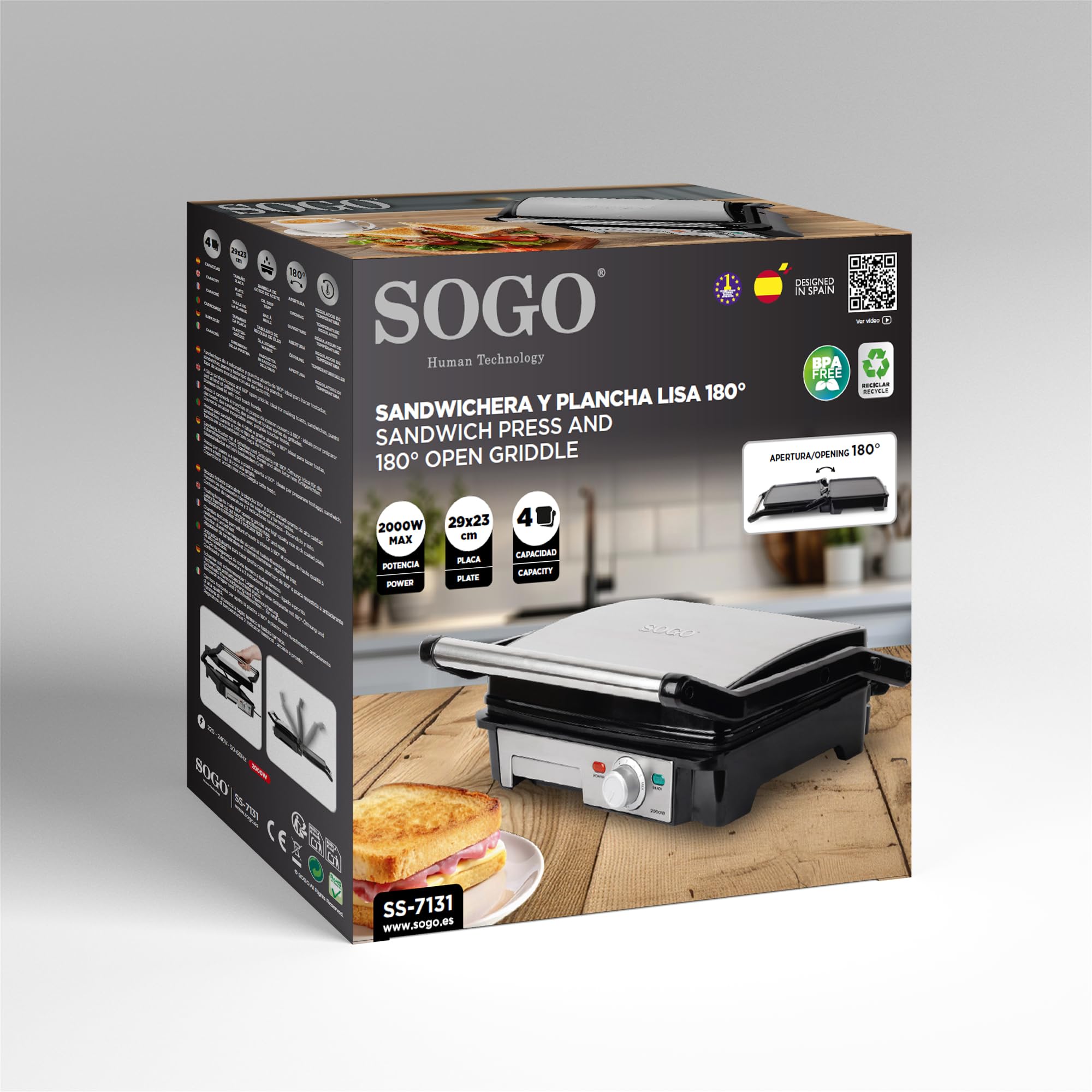 SOGO Grill y Sandwichera profesional de bajo consumo 2000W con Placas Lisas Antiadherentes y Apertura 180° - Plancha Eléctrica Multiuso para Paninis, Carnes y Pescados