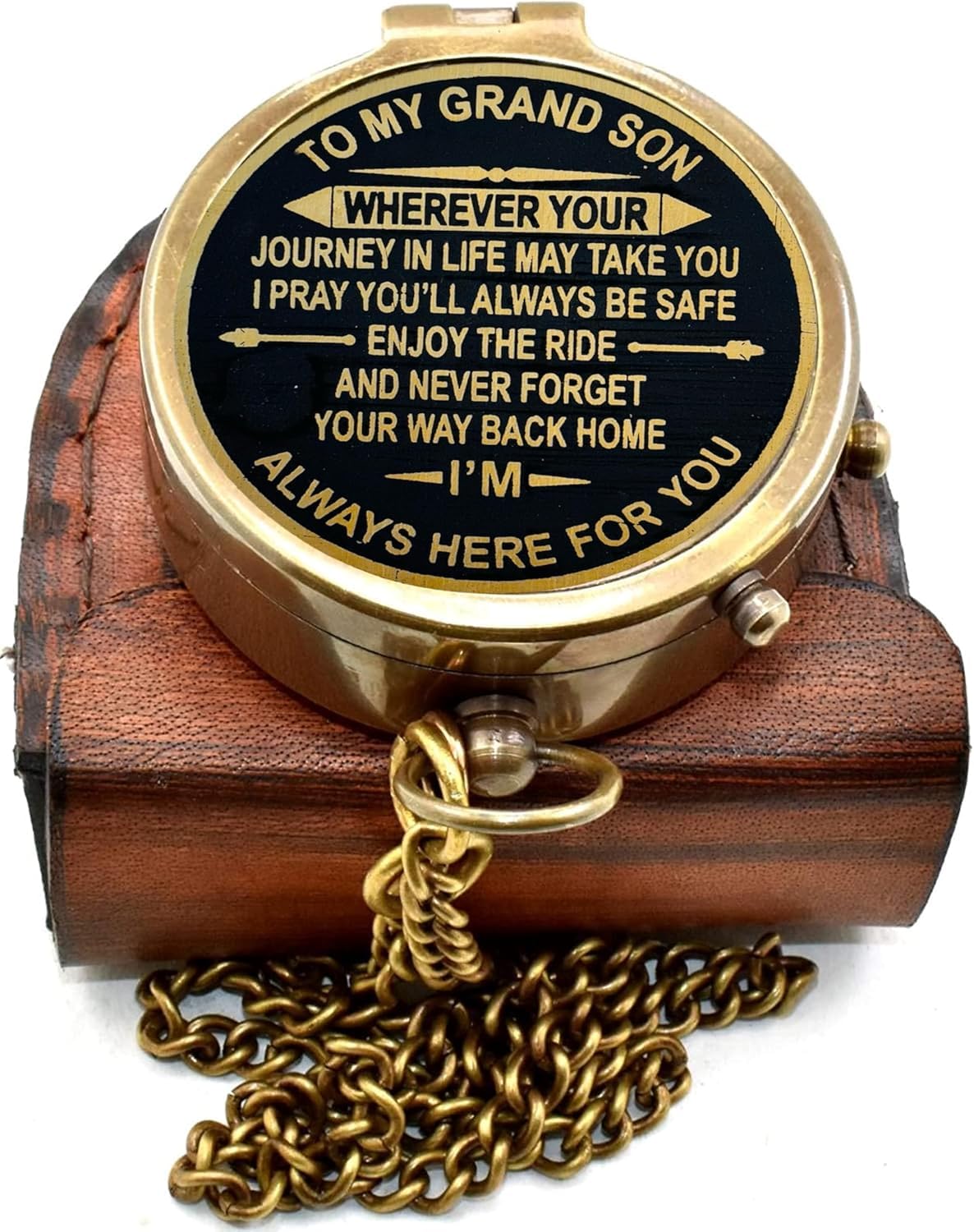 Bussola tascabile personalizzata in ottone anticato per nipote, messaggio inciso "Always Here for You" con custodia in pelle, regalo di laurea ispiratore, viaggio e avventura