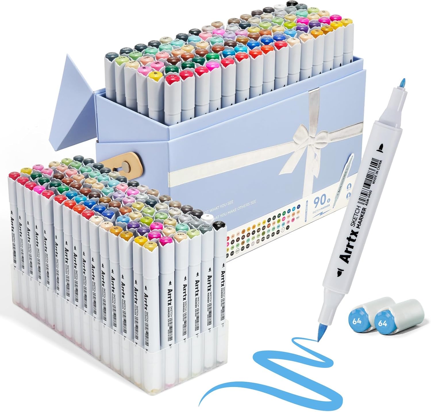 Arrtx 90 Colors Alcohol Markers, Dual Tip (Brush & Fine) Art Markers for Artists, Premium Sketching Markers with Case, High Pigment Blending Markers for Adult Coloring Illustration Drawing
