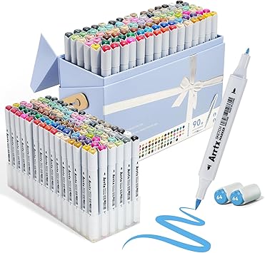 Arrtx 90 Colors Alcohol Markers, Dual Tip Brush & Fine Art Markers for Artists, Premium Sketching Markers with Case, High Pigment Blending Markers for Adult Coloring Illustration Drawing