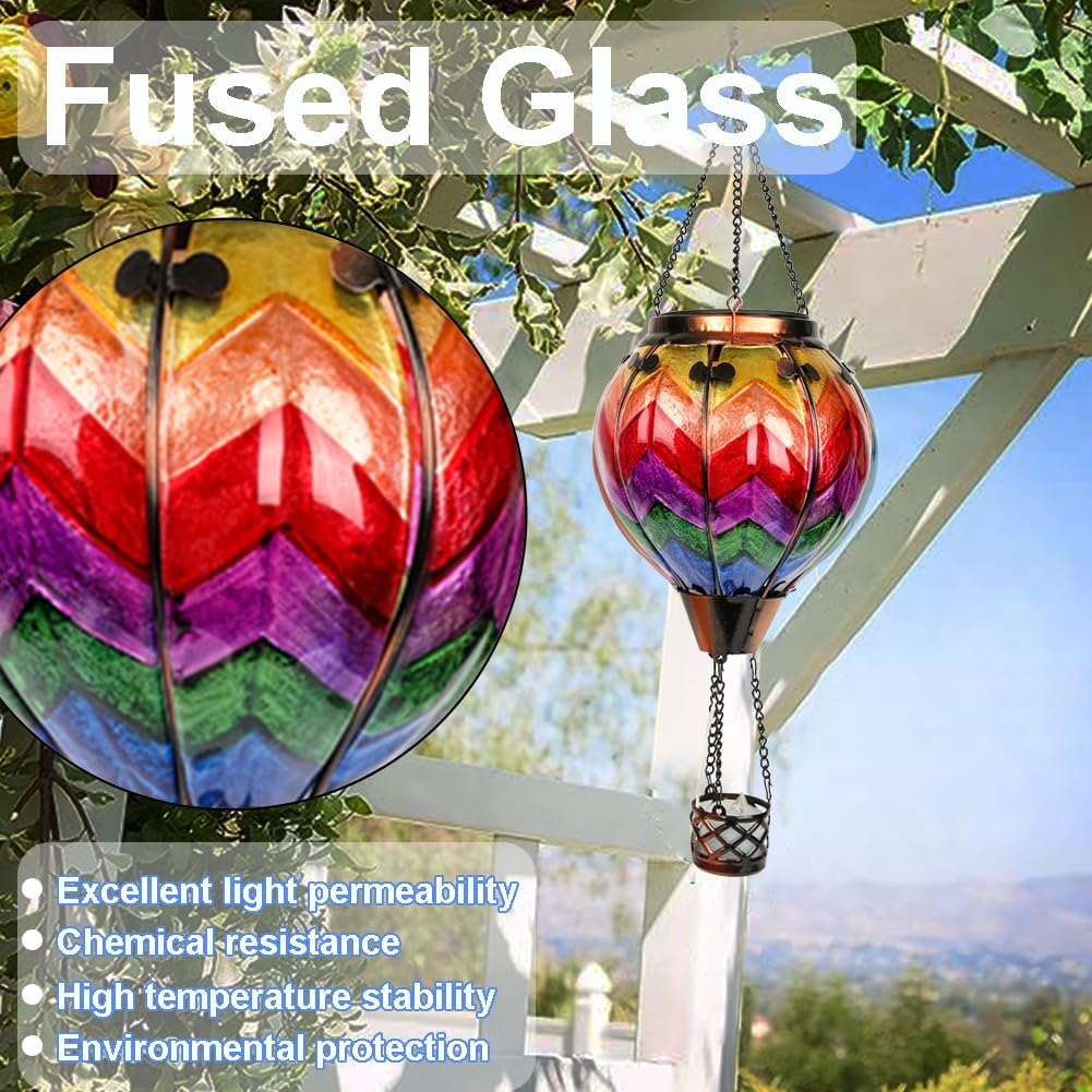 Hot Air Balloon Solar Lantern with Flickering Flame Hanging Solar Hot Air Balloon Lanterns with with LED Candle Light Waterproof Glass Lanterns for Garden Patio Yard Party Decor, Medium