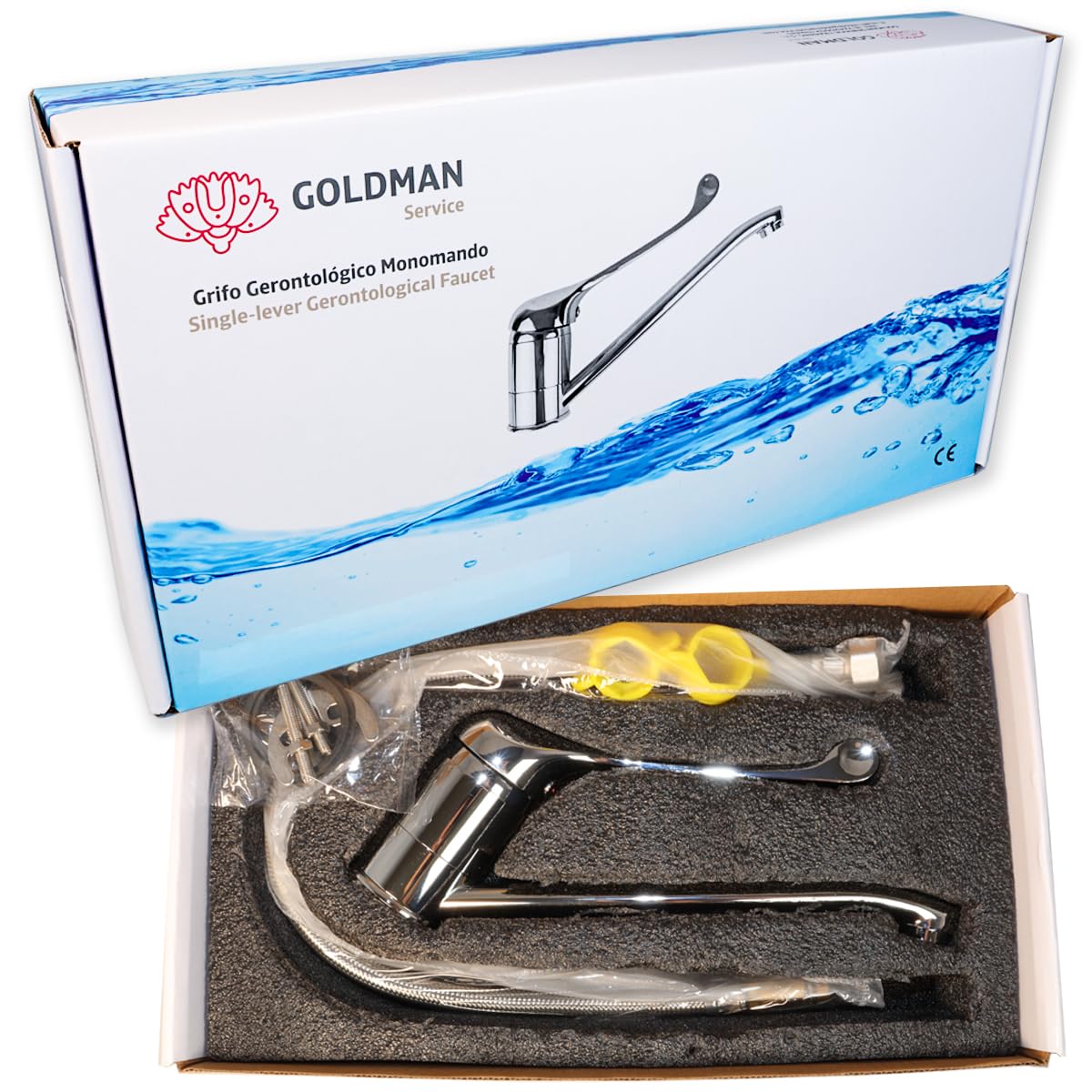 GOLDMAN SERVICE | Robinet Gérontologique Monocommande levier coudé long. Pour usage médical et sanitaire dans les hôpitaux, les laboratoires et les hôtels