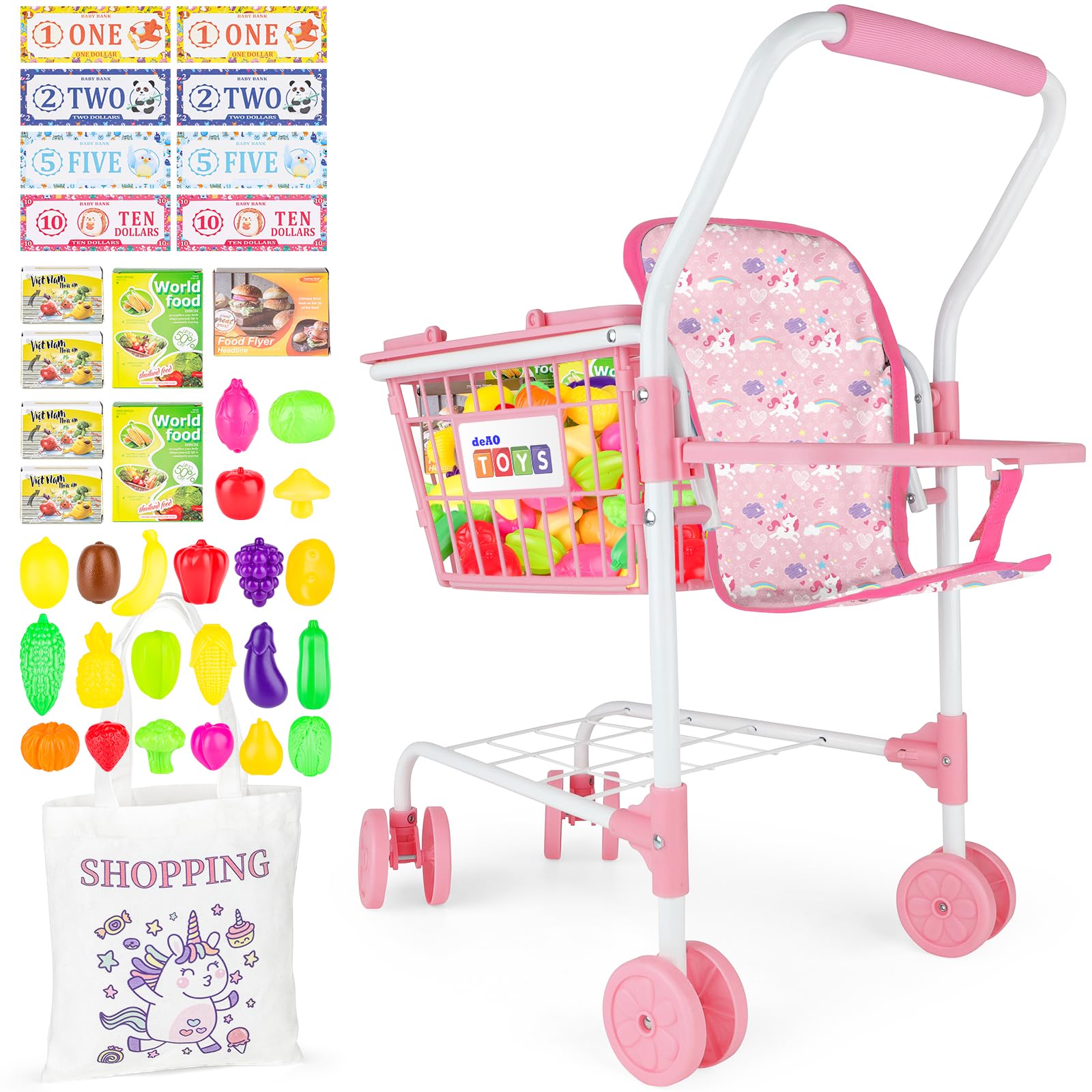 deAO Kids Shopping Cart Play Set,Pretend Food and Shop Accessories, 2 in 1 Kids Grocery Trolley with Front Doll Seat Carrier(Doll not Included)