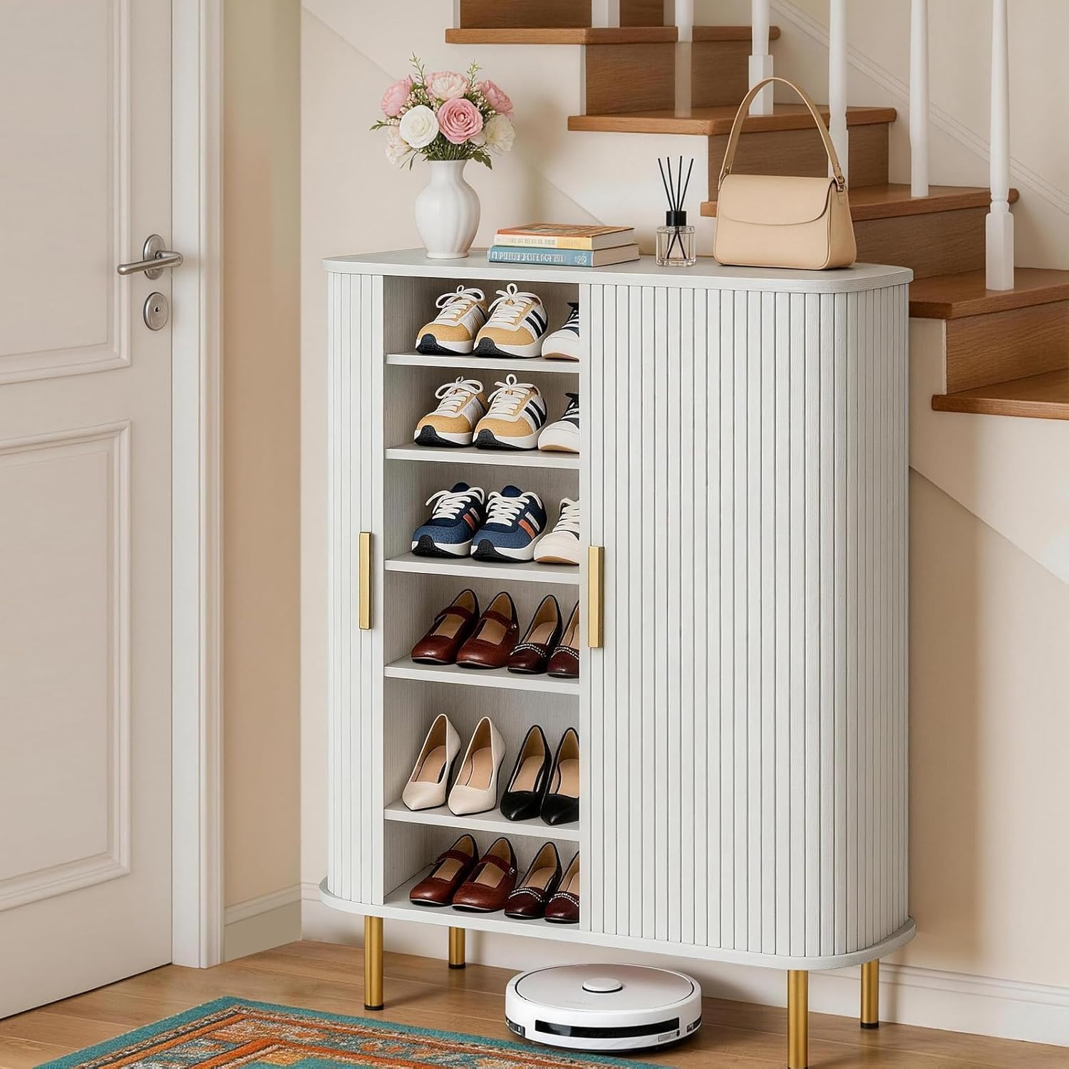 Shoe Cabinet Storage for Entryway: 6-Tier Shoe Cabinet with Adjustable Shelves & Sliding Doors, Mid-Century Modern Freestanding Shoe Storage Organizer for Entryway, Hallway, Living Room