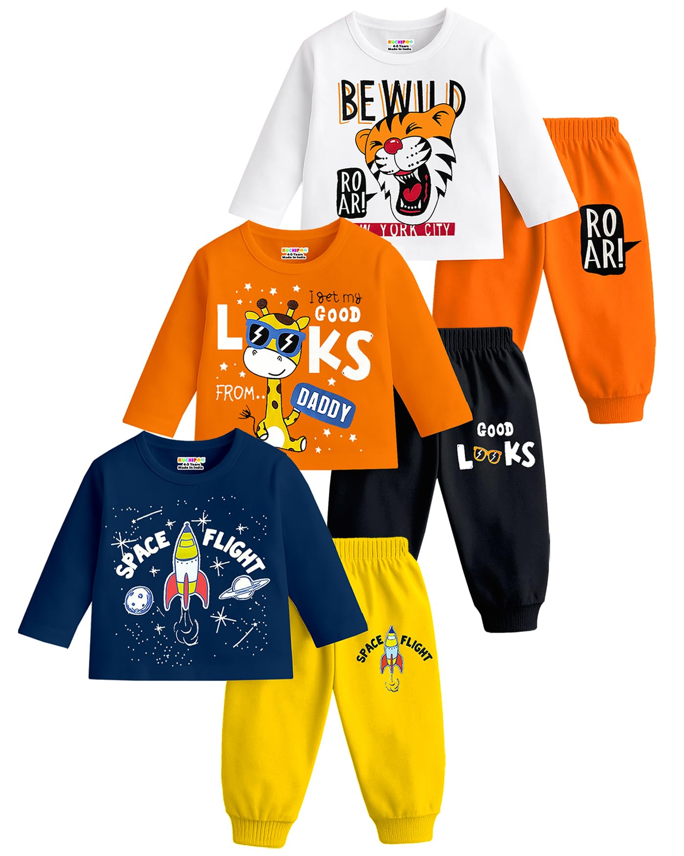 Boys Regular Fit Cotton T-Shirts and Pyjamas Clothing Set-Pack of 3