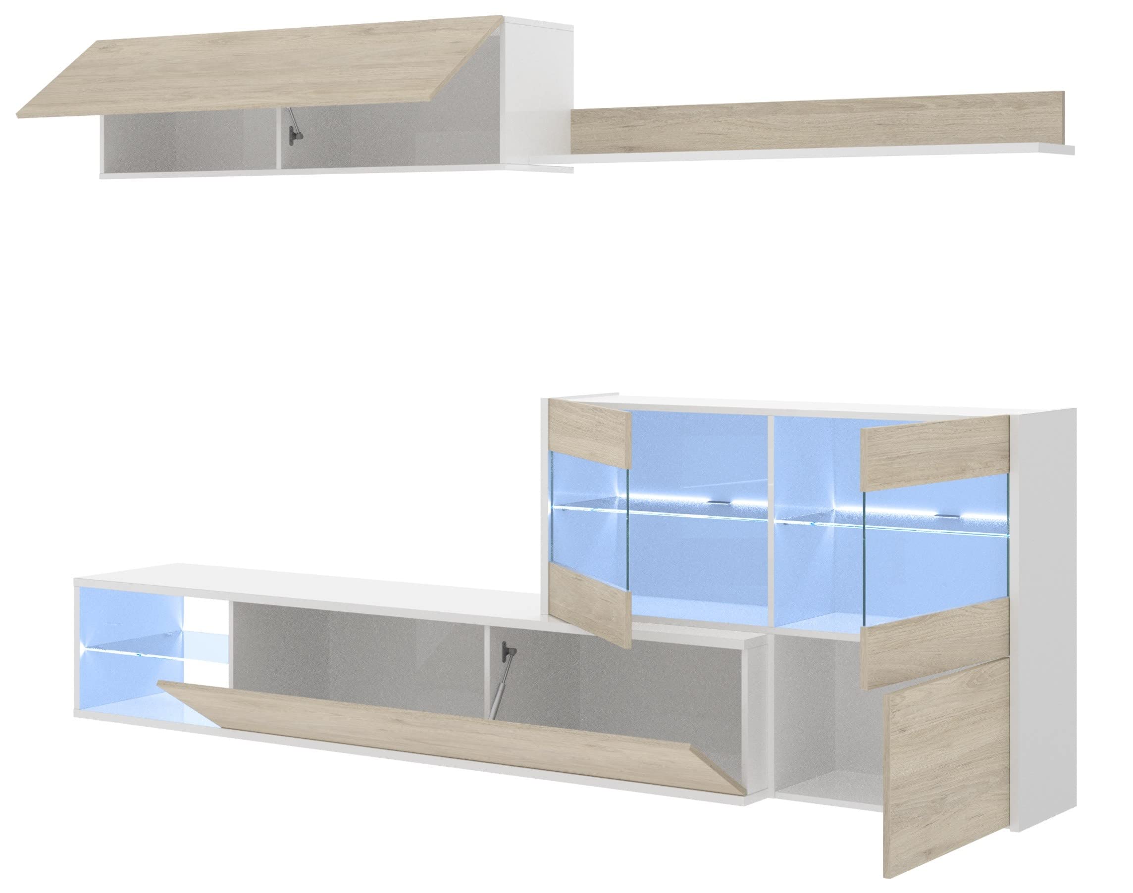 Parete attrezzata porta Tv 260 cm Grace Bianco lucido e Rovere Naturale - Bianco e Naturale