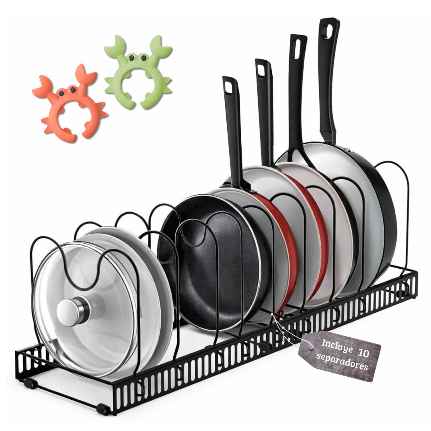 Organizador de Sartenes y Ollas Extensible con 10 Separadores + 2 Clips de Silicona Antiderrame - Soporte de Espátula | Soporte Ajustable para Almacenaje de Tapas, Ollas, Sartenes, Platos…