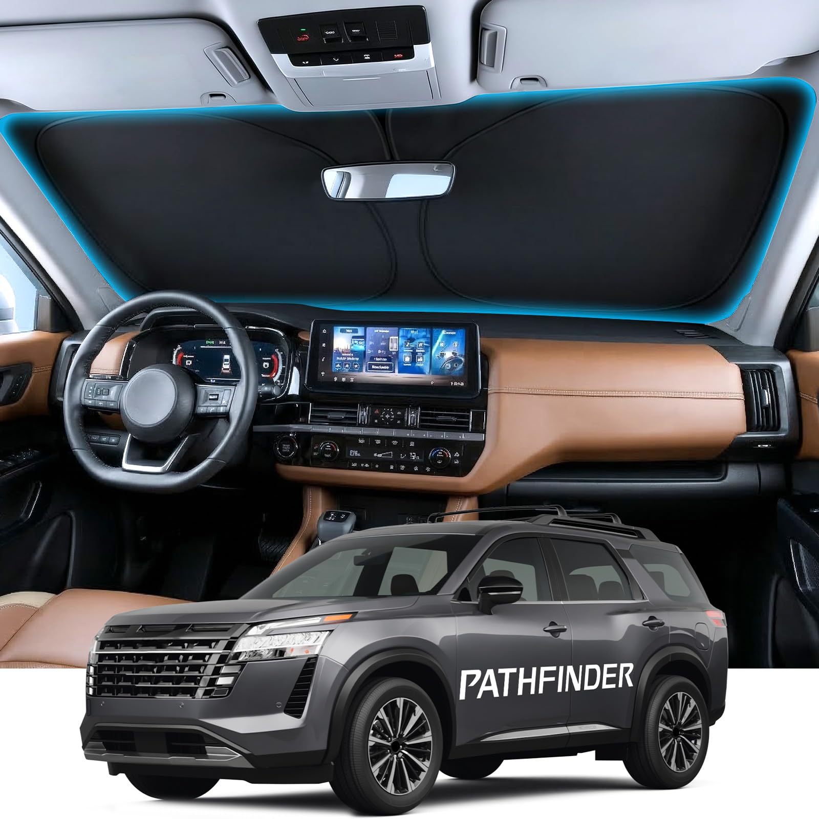 Wigoo for Nissan Pathfinder Windshield Sunshade, Custom Fit, Keeps Cool | Custom Fit, Cooling Tech Fabric, Foldable Heat-Blocking Sunshade with Storage Bag, for Nissan Pathfinder 2022-2026