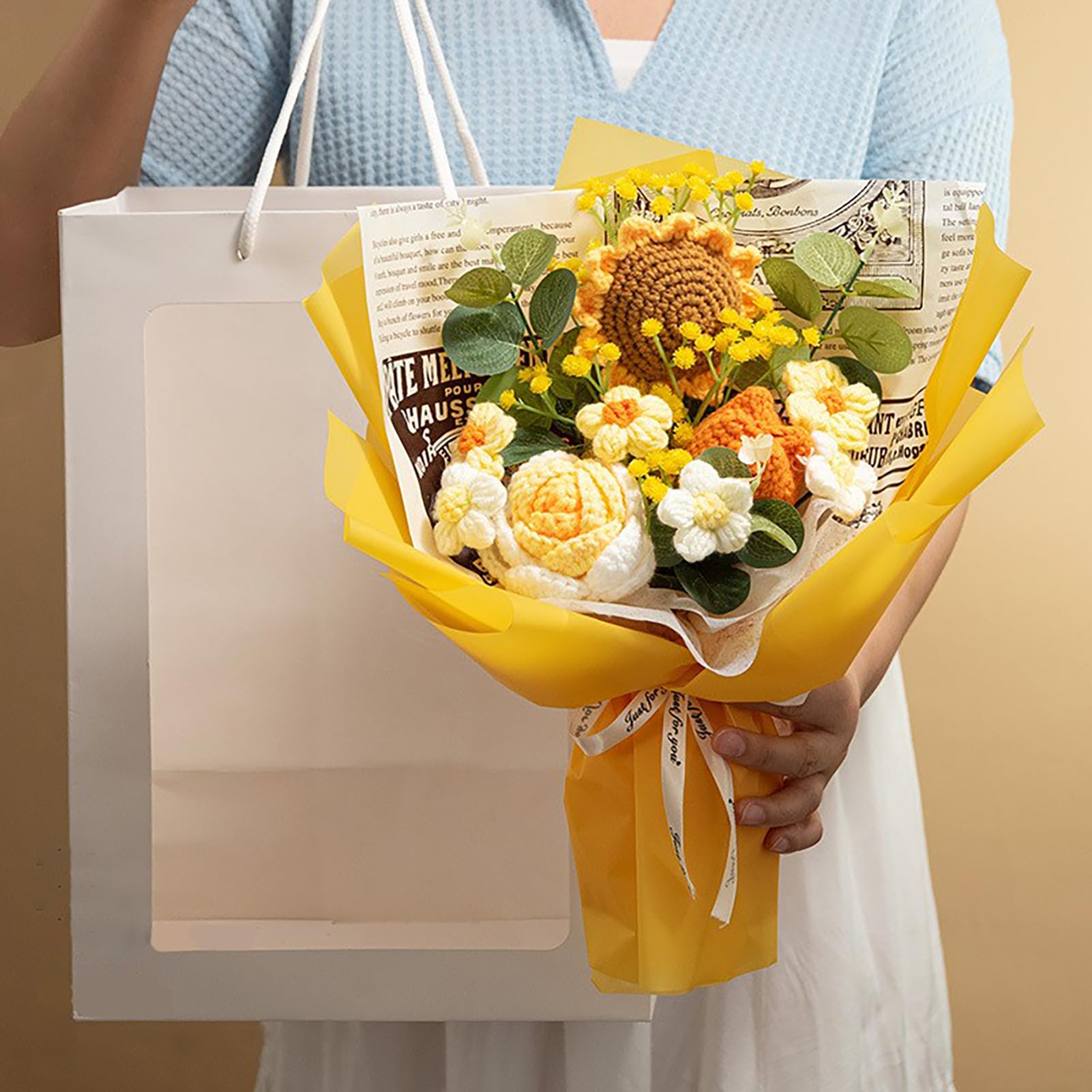 bukiet ślubny, Sztuczny słonecznik Daisy Warm Sztuczne kwiaty róży Bukiet, Ręcznie robione szydełkowe, Żywe słoneczniki Dzianinowe sztuczne(Yellow)
