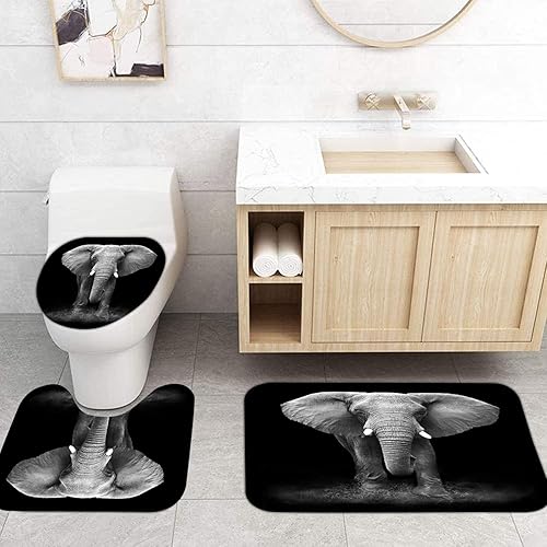 Miniatura 3 de Juego de 4 cortinas de ducha de elefante negro, decoración de baño de estilo animal, con alfombras y accesorios, alfombra antideslizante, cubierta