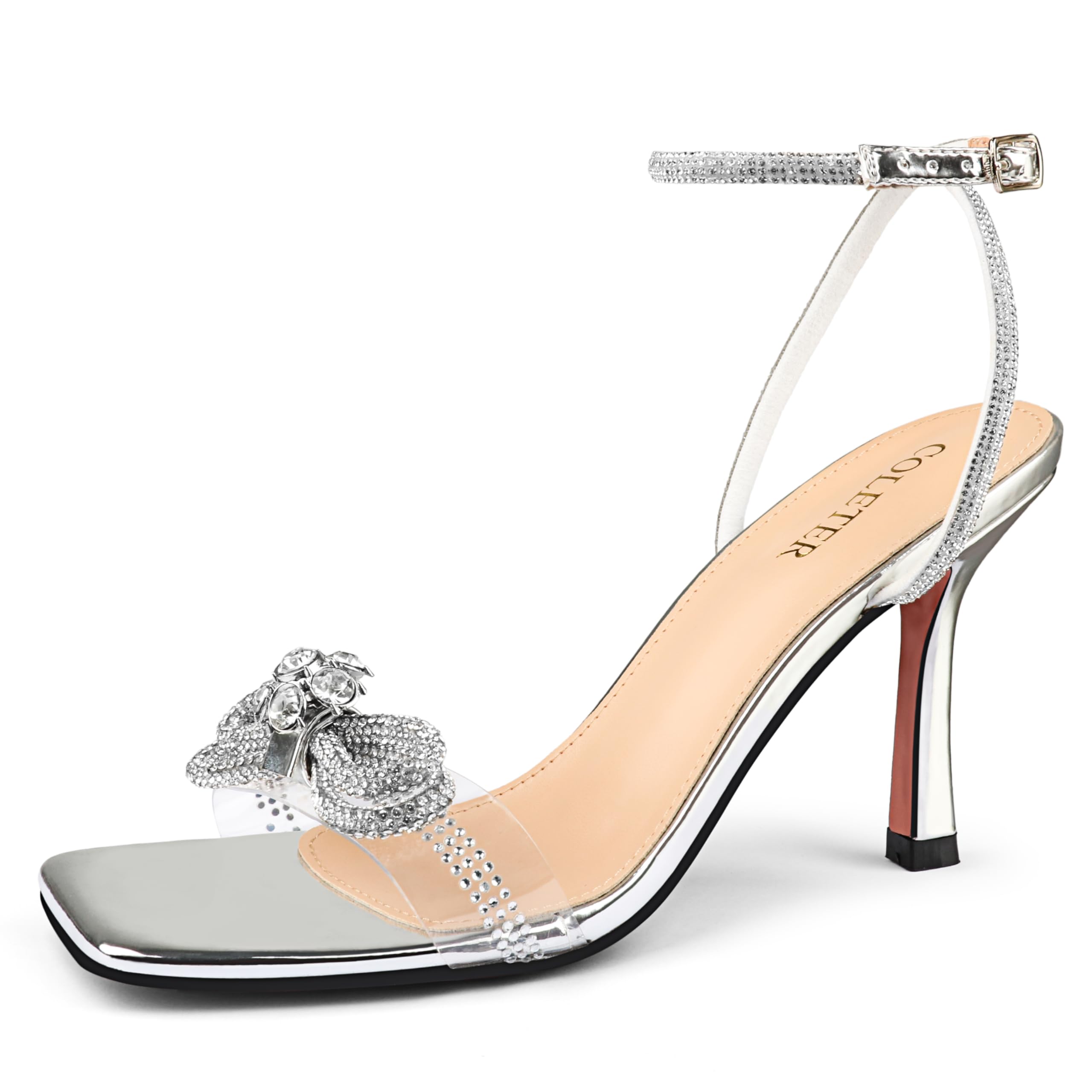 COLETERWomens Clear Rhinestones Bow Heels Sandals Slingback Lace Up Stilettos Square Toe Wedding Dress Shoes