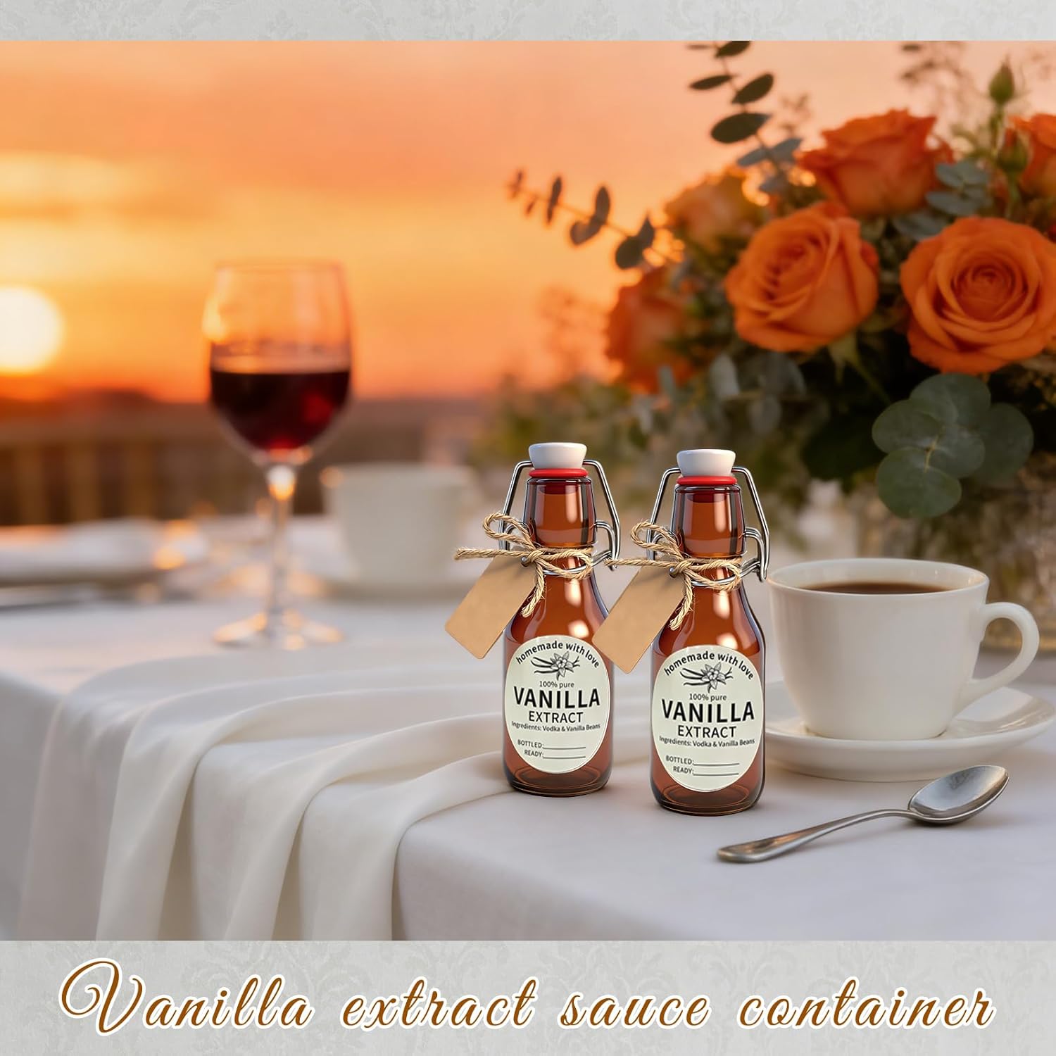 24 Sets Swing Top Glass Bottles Set 4 Oz Vanilla Extract Bottles Amber Homemade Vanilla Extract Jars for Weddings Family Gatherings Christmas DIY Crafts