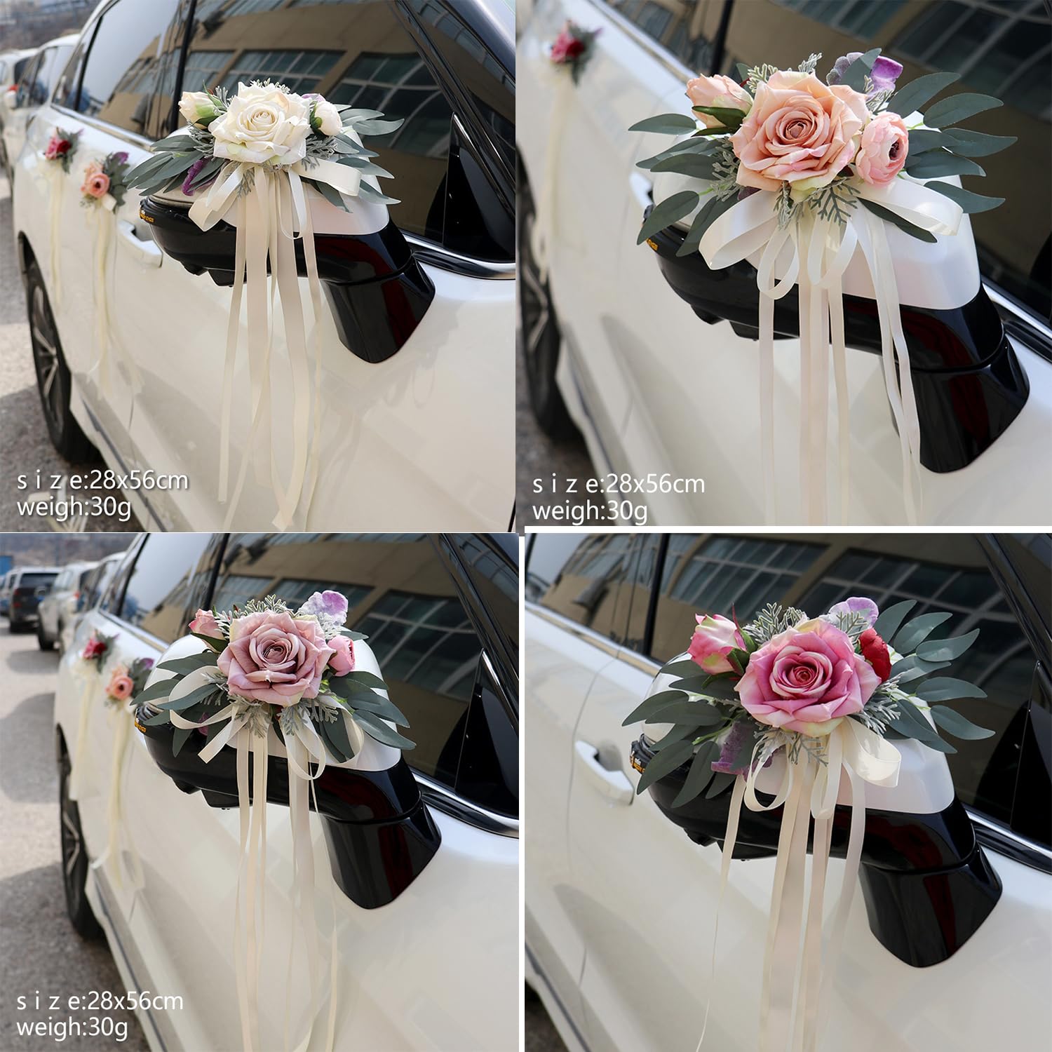 Seidenblume Autoschmuck Hochzeit Auto Car Türgriffleiste Rückspiegel Motorhaube Dekoschleife Autoschleifen Vintage Hochzeits Künstliche Blume mit Saugnäpfen Hochzeitsauto-Deko Cremeweiß 6 Stück