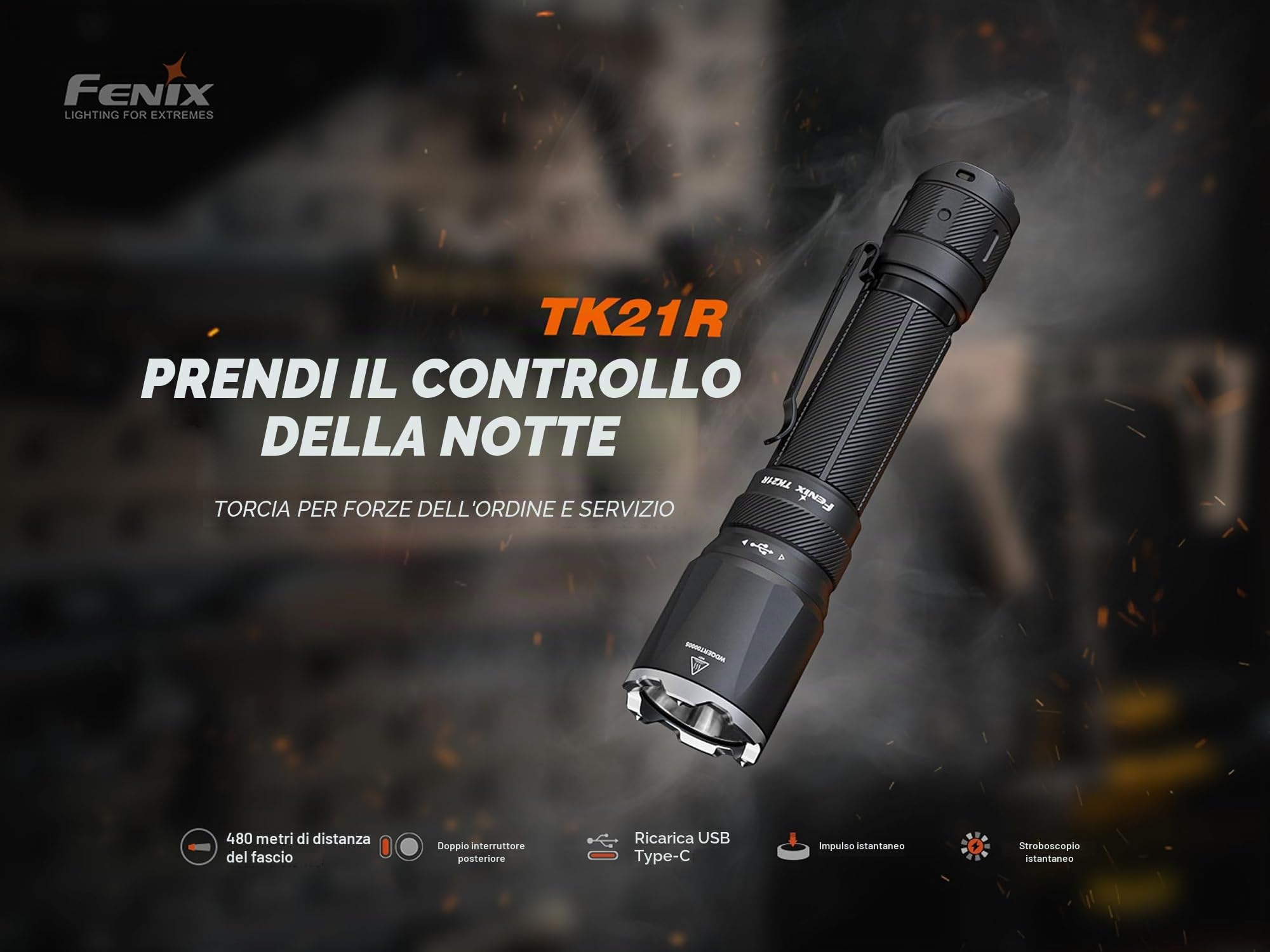 Fenix TK21R - Torcia ricaricabile ad alta potenza per esterni e di sicurezza, 3600 lumen, 480 m, 72+ ore massime, funzionamento a doppio pulsante, batteria di grande capacità, copertura per porta di