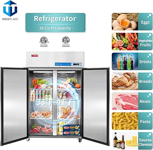 Vista 2 de WESTLAKE 48" W Commercial Refrigerator 2 door 2 Section Stainless Steel Reach in Solid door Upright Fan Cooling 36 Cu.ft Cooler for Restuarant, Bar