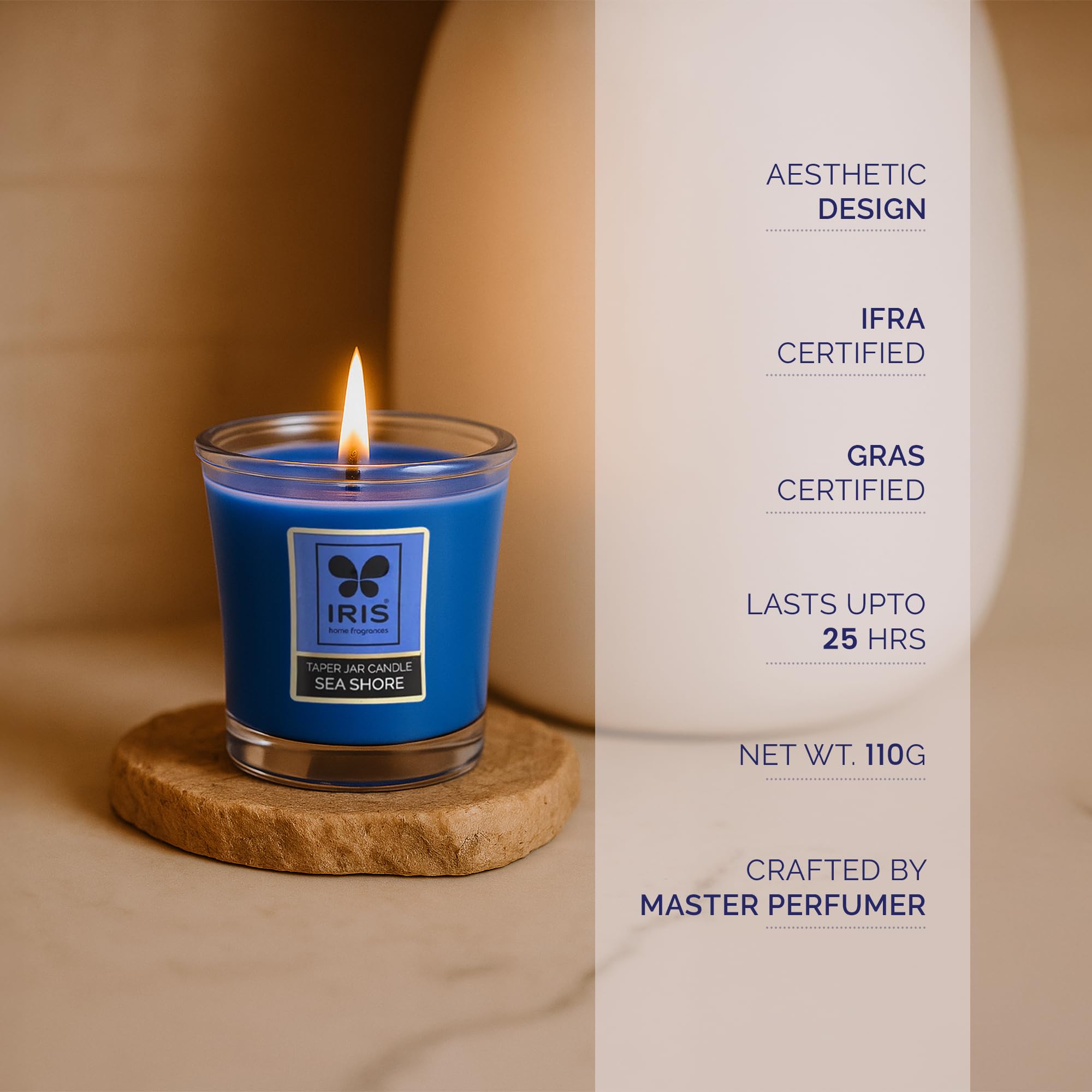 IRIS Taper JarCandle, Sea Shore, AquaticFragrance, Elegant and Mesmerizing Home Fragrance Solutions, Fragrances for Fine Living,Unit of 1 Colored and Scented Taper Jar Candle with Lid 1