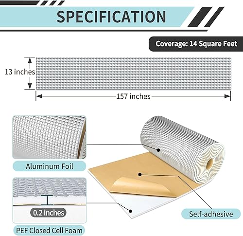 Miniatura 2 de TroyStudio Manta de aislamiento acústico para lavavajillas, 13 x 157 x 0.2 pulgadas, lámina de espuma PEF acústica autoadhesiva, escudo de calor con