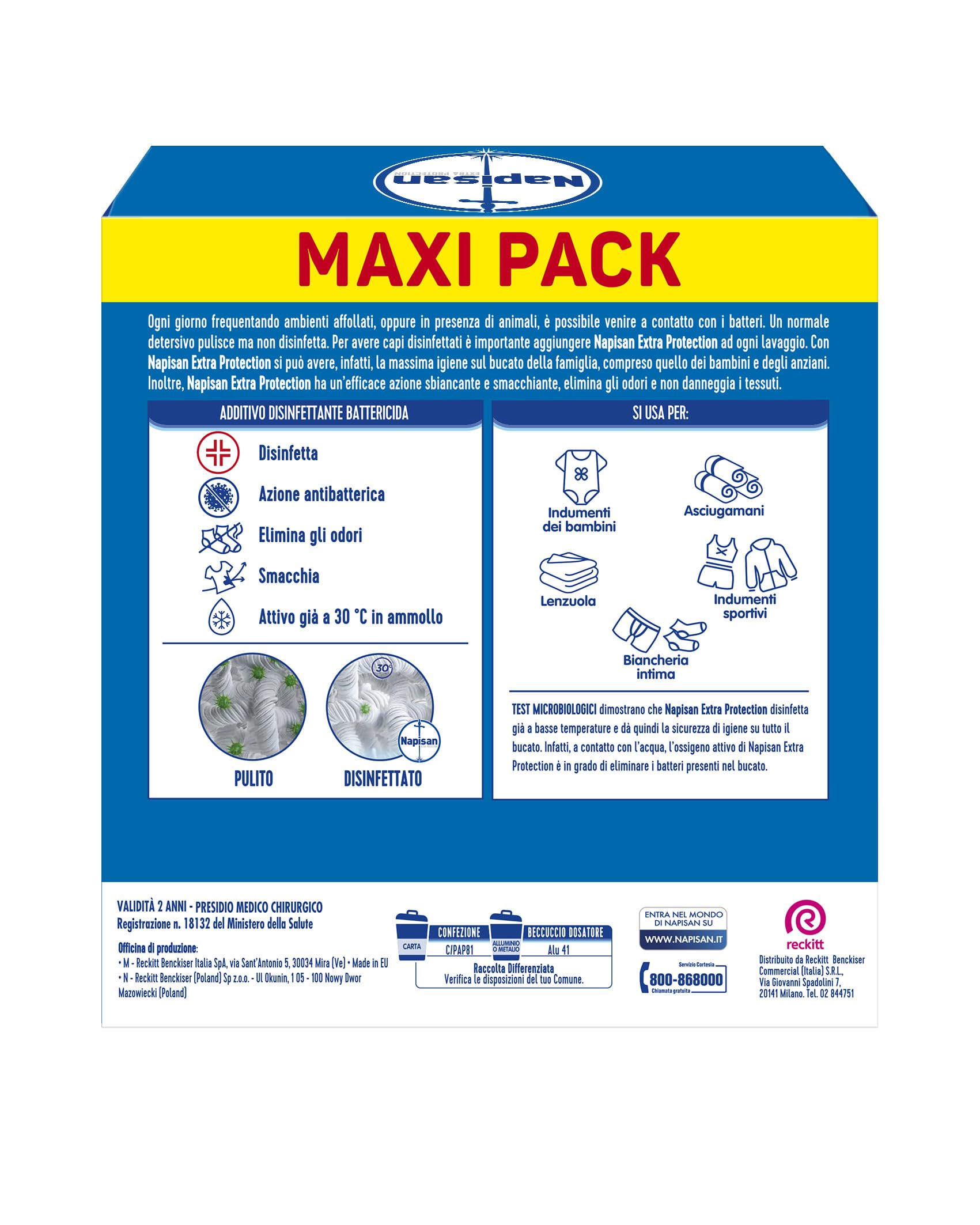 Napisan Extra Protection Additivo Lavatrice, Additivo Disinfettante Lavatrice in Polvere Battericida, 6 Confezioni da 1100gr di Additivo in Polvere Lavatrice