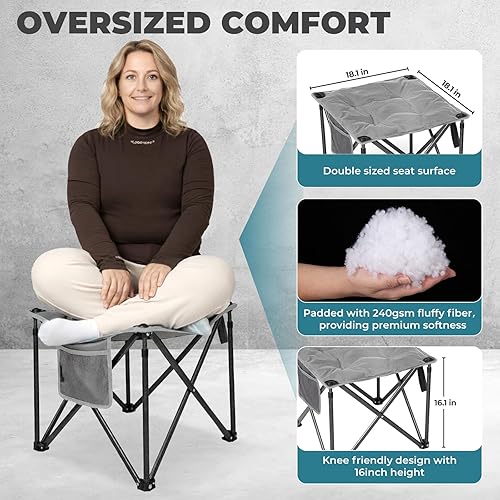 Miniatura 2 de FUNDANGO Taburete de campamento de gran tamaño para adultos, acolchado grueso de 18.1 pulgadas, reposapiés otomano plegable de 440 libras, sillas de