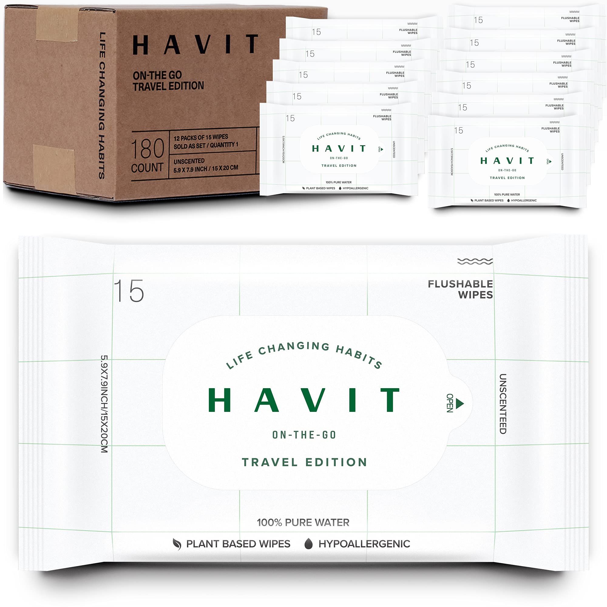 HAVITFlushable Wipes Travel Edition, ON-THE-GO, Plant-Based, Premium Natural Pulps, Natural Ingredients. 180 Counts (12 Packs of 15)
