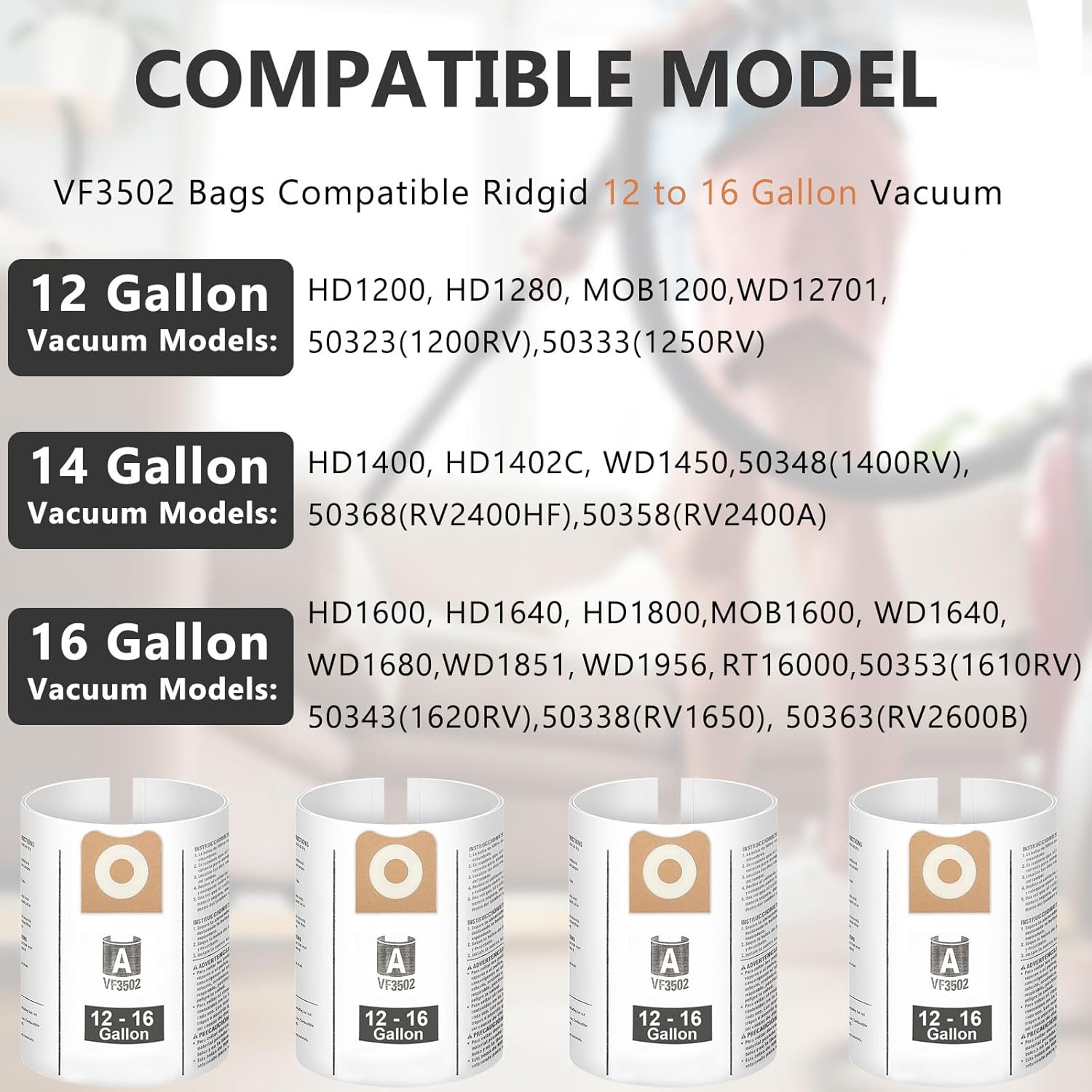 14 Pack 23743 VF3502 Vacuum Bags Compatible with Ridgid 12-16 Gallon Wet/Dry Vacuums, High Efficiency Dust Filter Bags Replace, Size A, Fits WD1950, WD1956, WD1850, RV2400HF