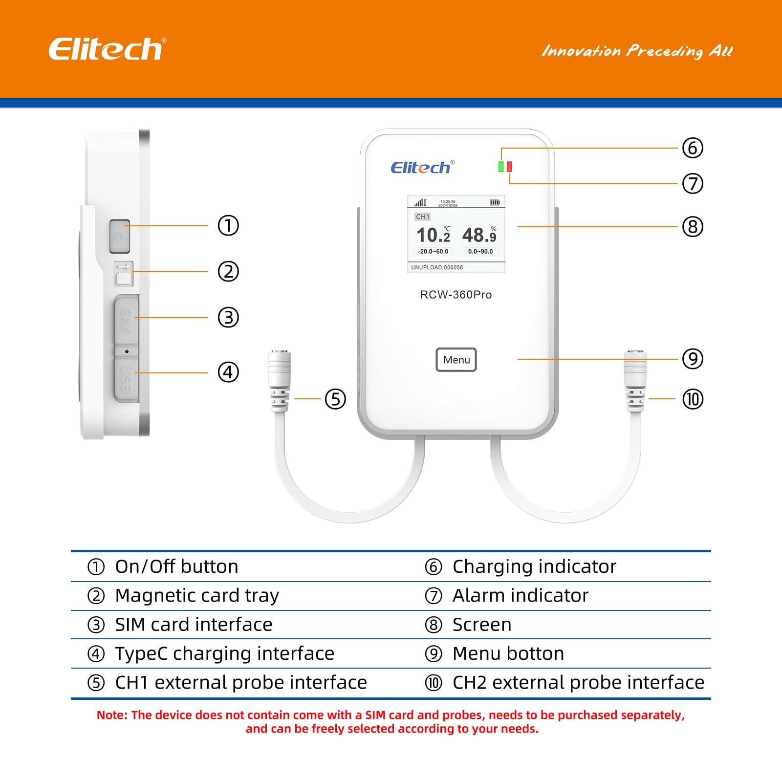 Elitech Rejestrator temperatury 4G w czasie rzeczywistym, rejestrator danych z 2 portami do wymiennych czujników, przechowywanie w aplikacji w chmurze, bez czujników ani karty SIM, RCW-360Pro-DC
