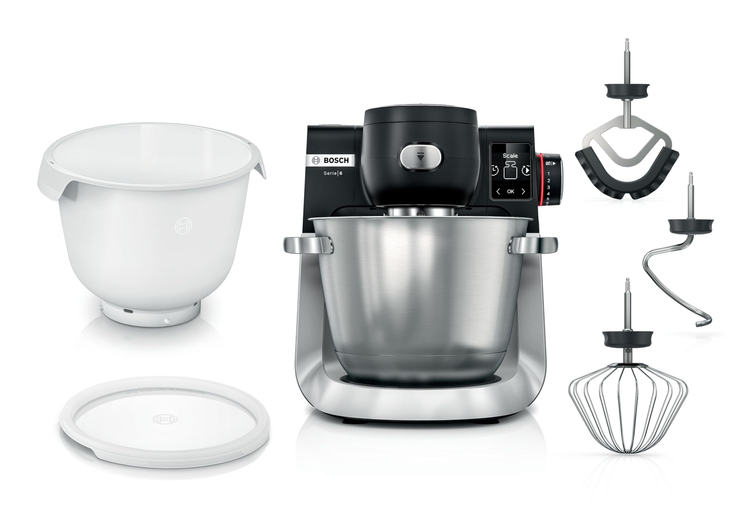 Bosch robot kuchenny seria 6 MUMS6ZS18, 2 miski, waga zintegrowana, automatyczne programy, pokrywka, hak do zagniatania/miotła silikonowa, czarny