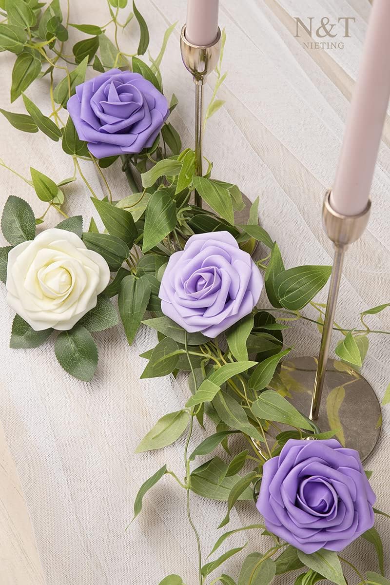 N&T NIETING Artificial Flowers 50Pcs Fake Foam Rose Purple Flowers with Stems Lavender for DIY Wedding Bridesmaid Bridal Bouquets Centerpieces Party Home Decoration(Series Purple) - Image 5